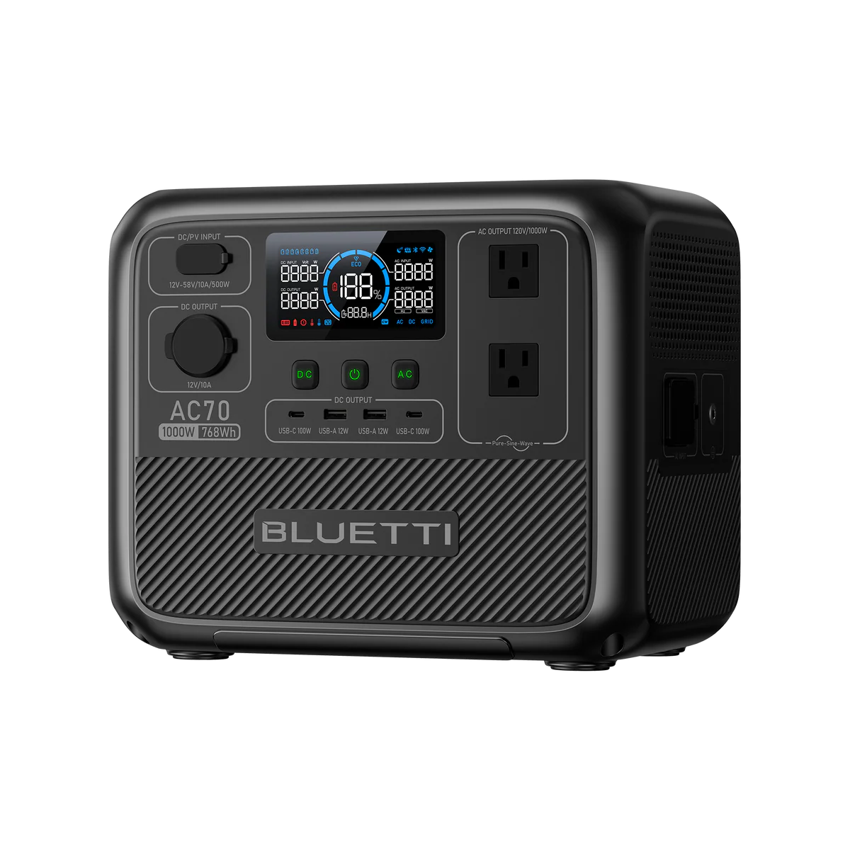 Compact Bluetti AC70 battery pack weighing 22.5 lbs with solar charging capability