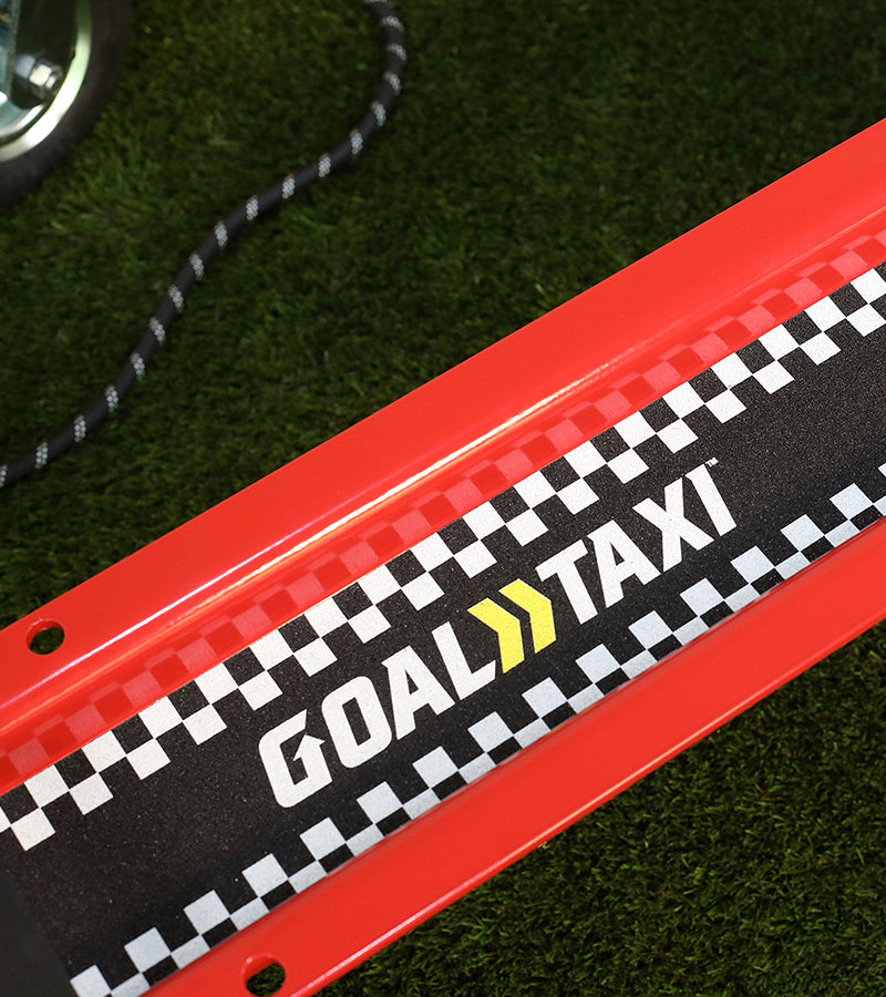 Goal Taxi Max equipment mover with soccer goal showing integration and mobility