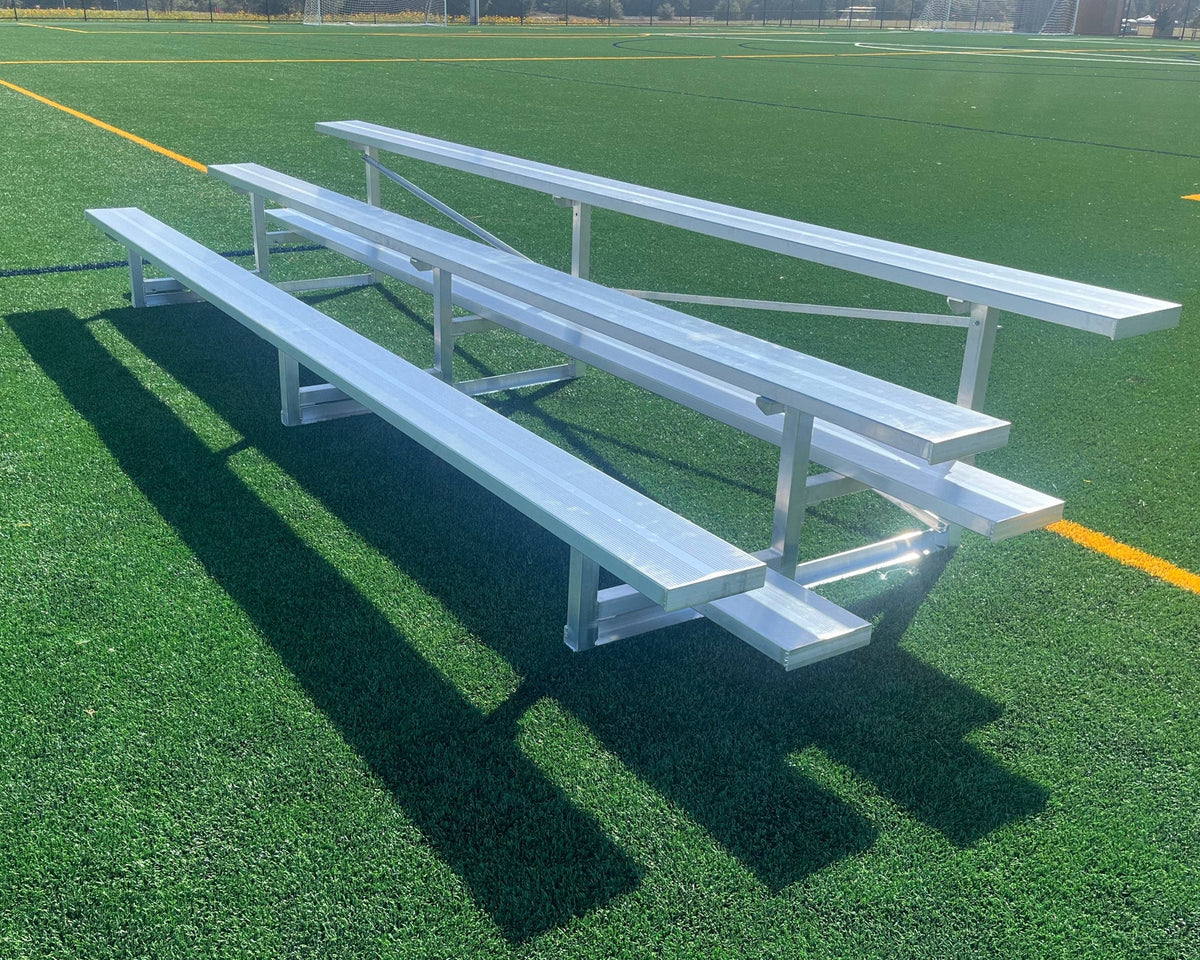Professional PEVO 3-row aluminum bleacher seating for soccer fields, capacity up to 30 spectators