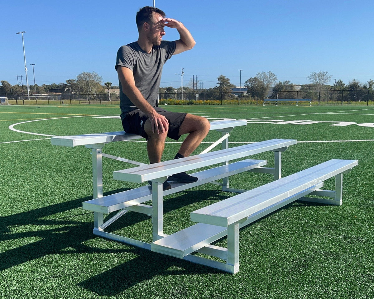 Professional PEVO 3-row aluminum bleacher seating for soccer fields, capacity up to 30 spectators