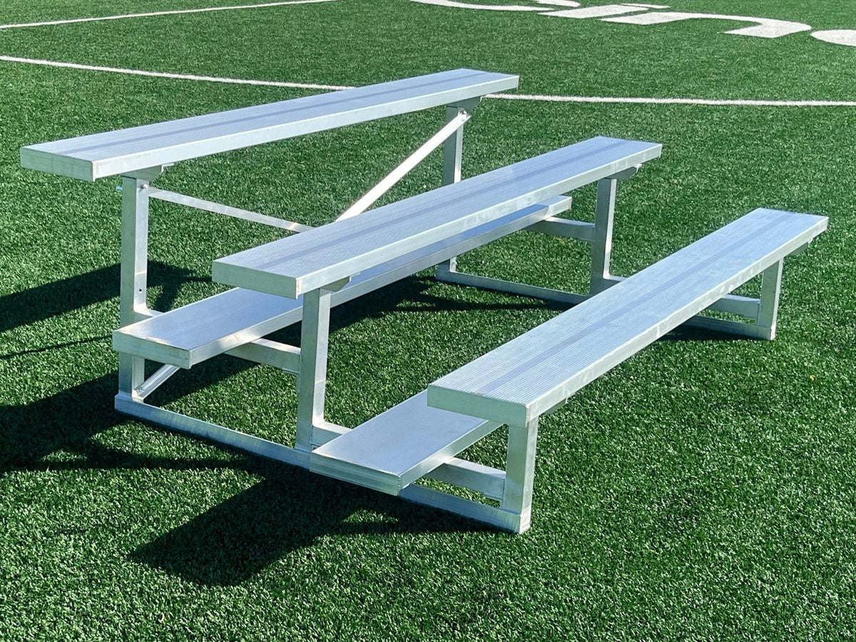 Professional PEVO 3-row aluminum bleacher seating for soccer fields, capacity up to 30 spectators