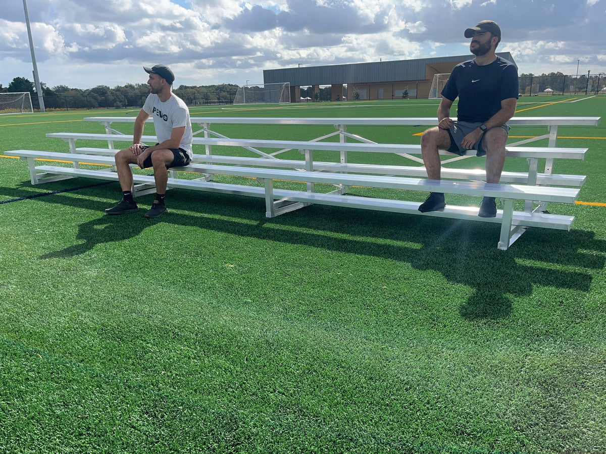 Professional PEVO 3-row aluminum bleacher seating for soccer fields, capacity up to 30 spectators