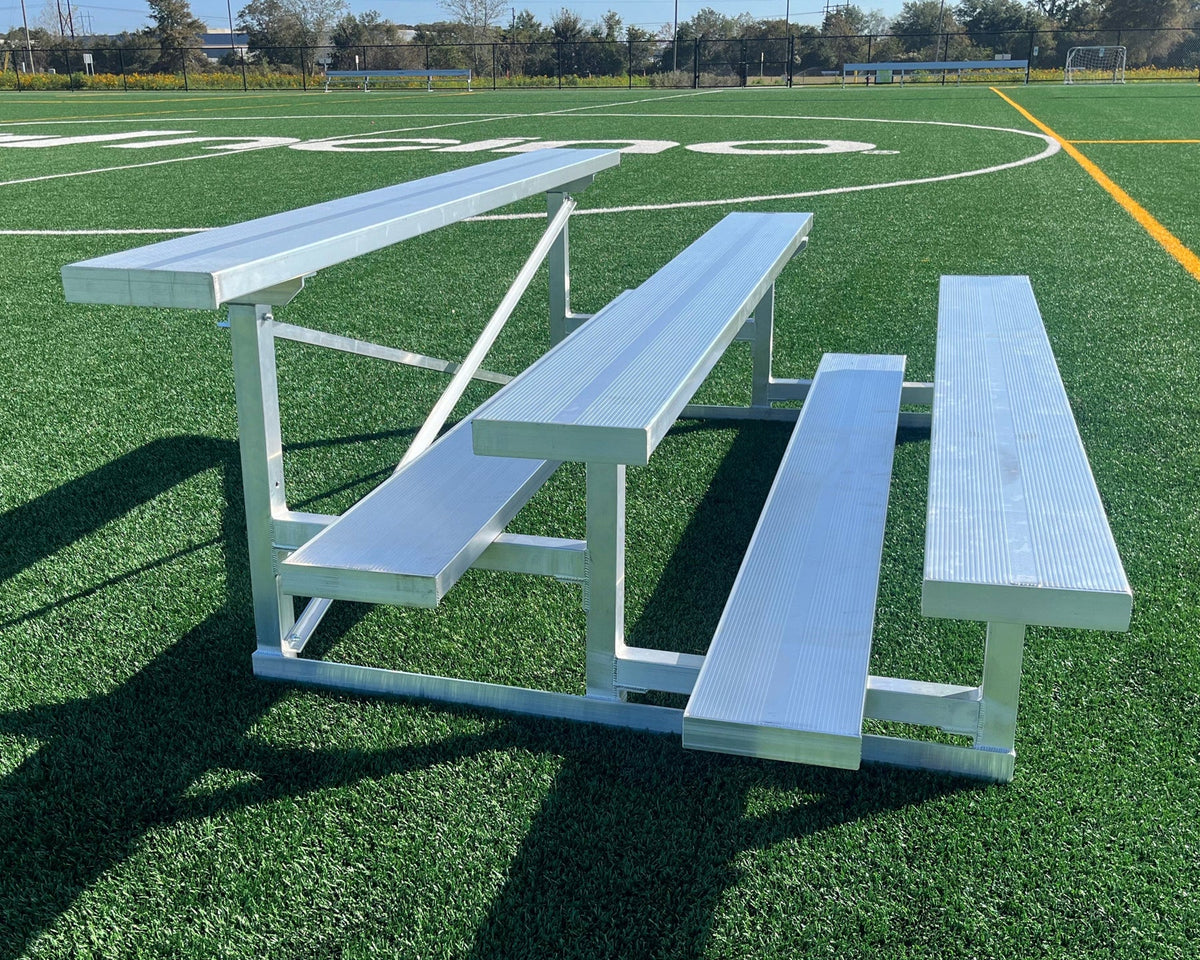 Professional PEVO 3-row aluminum bleacher seating for soccer fields, capacity up to 30 spectators