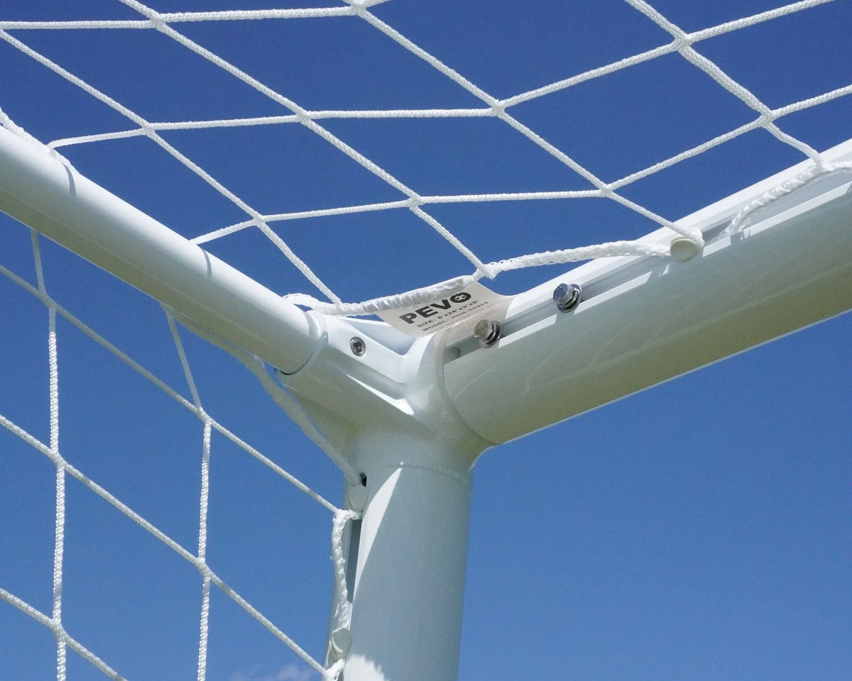 Channel series soccer goal top corner detail showing aluminum frame and channel