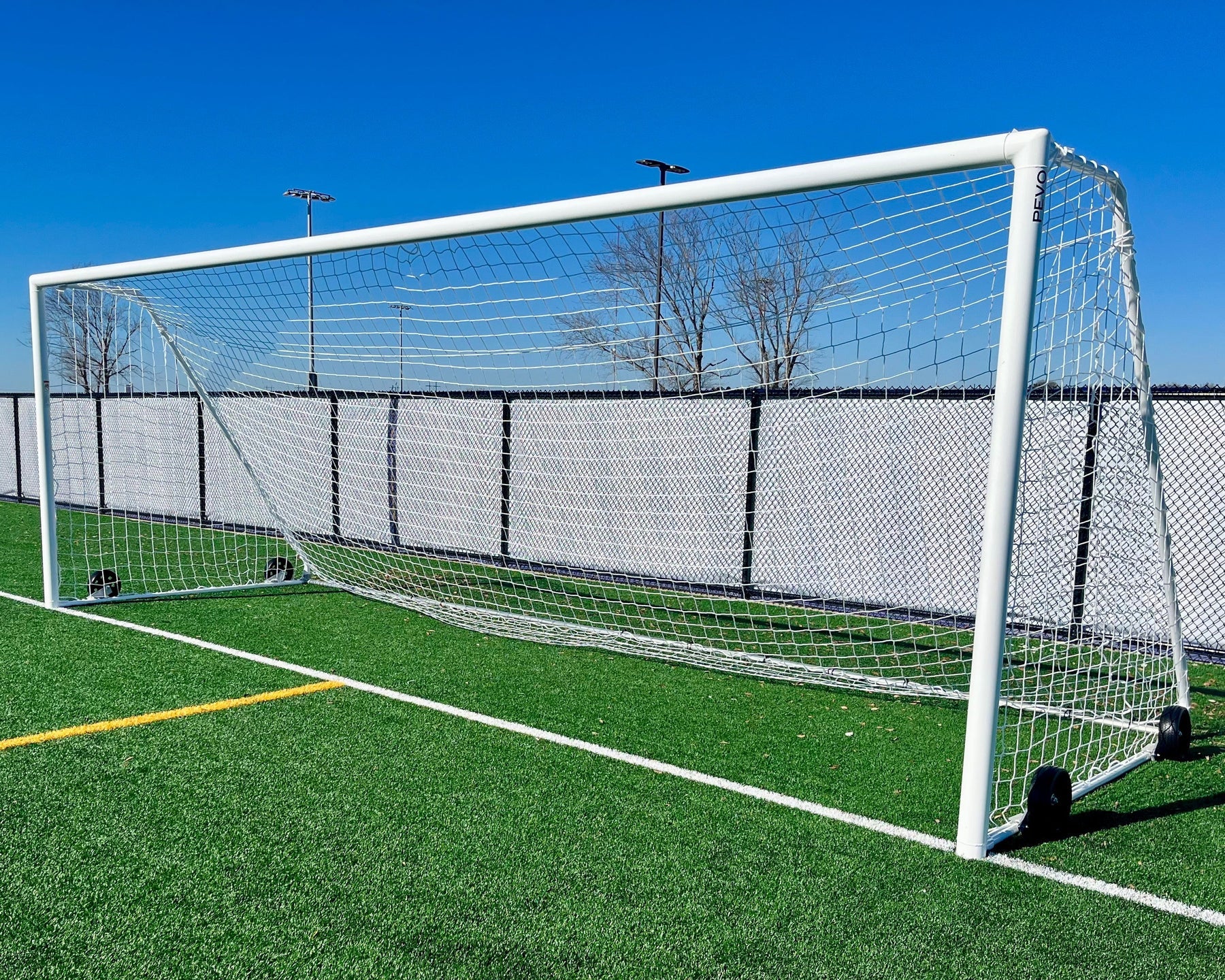 Channel series soccer goal frame showing heavy-duty aluminum construction for field