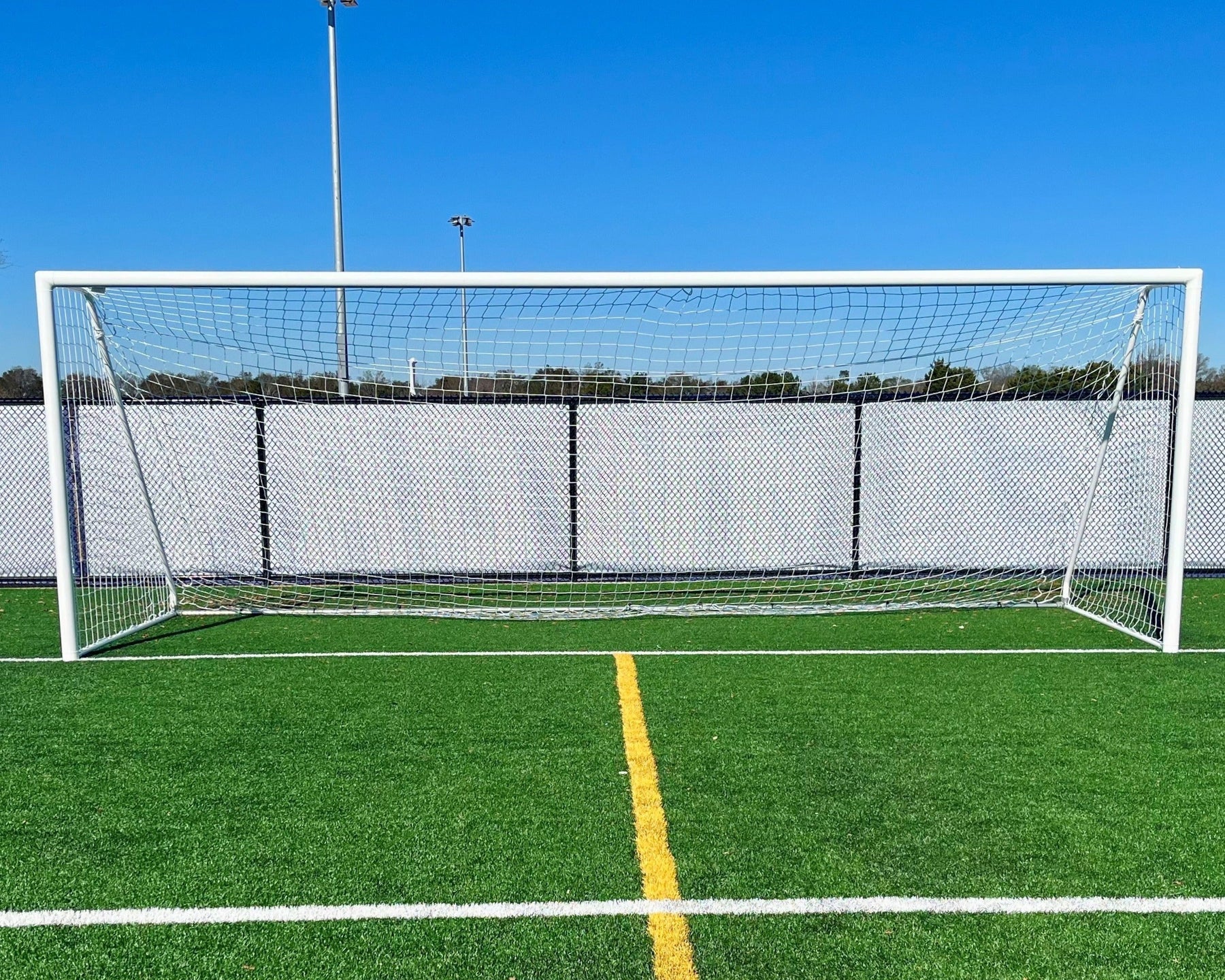 Channel series soccer goal showing 4-inch aluminum tubing and built-in channel system