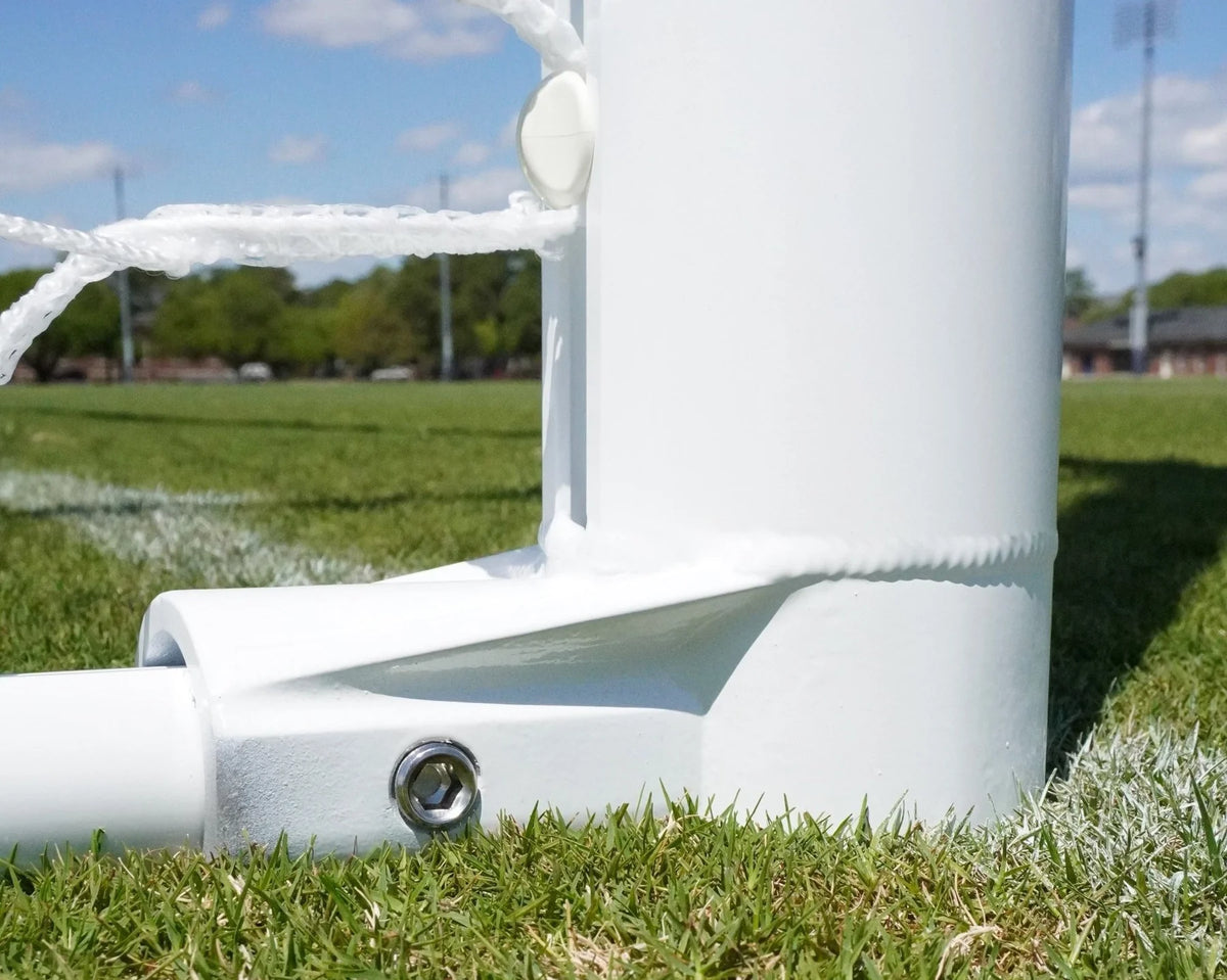Channel series soccer goal bottom view showing galvanized steel ground bar support
