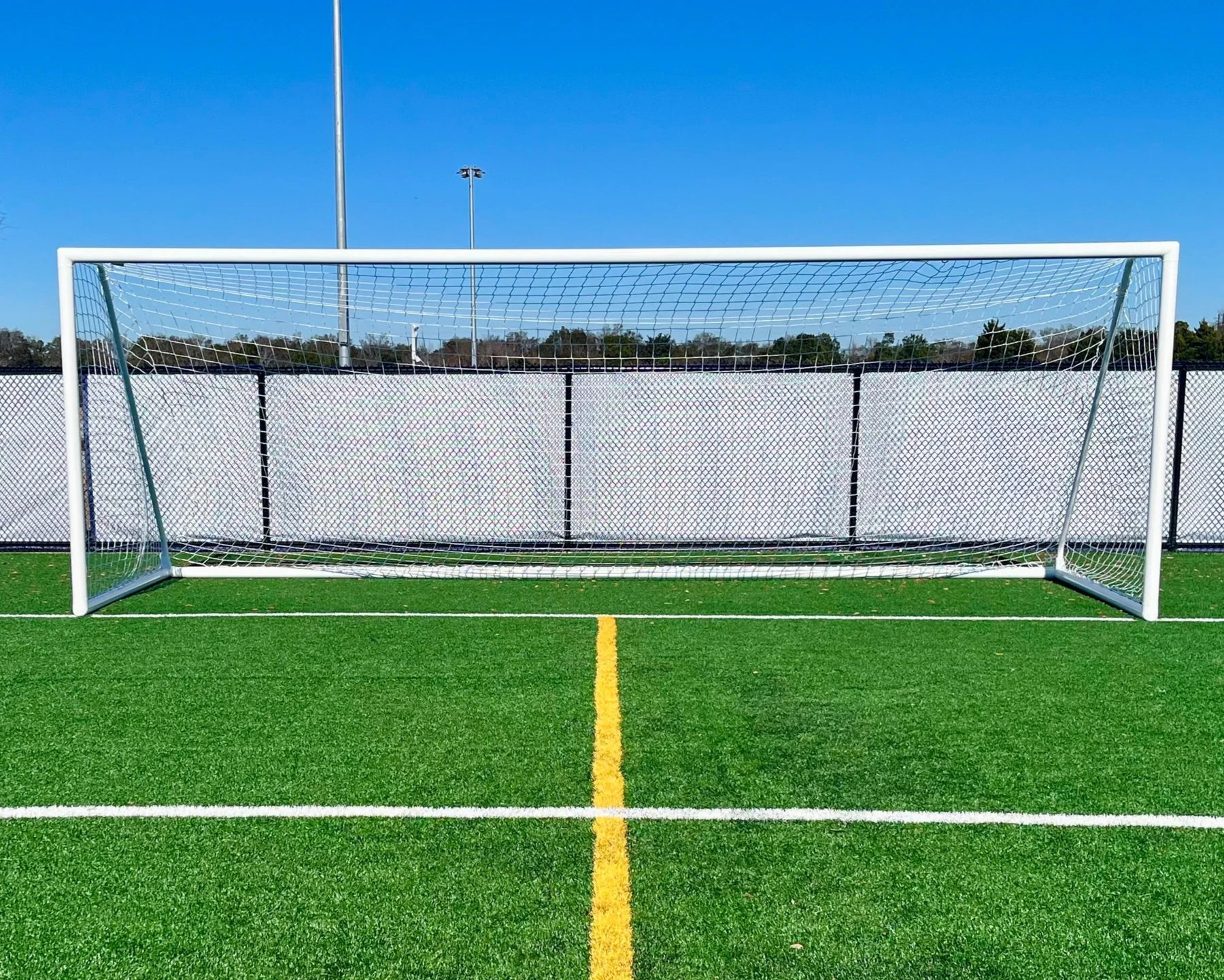 Channel series soccer goal 6.5x18.5 youth showing aluminum frame and stability