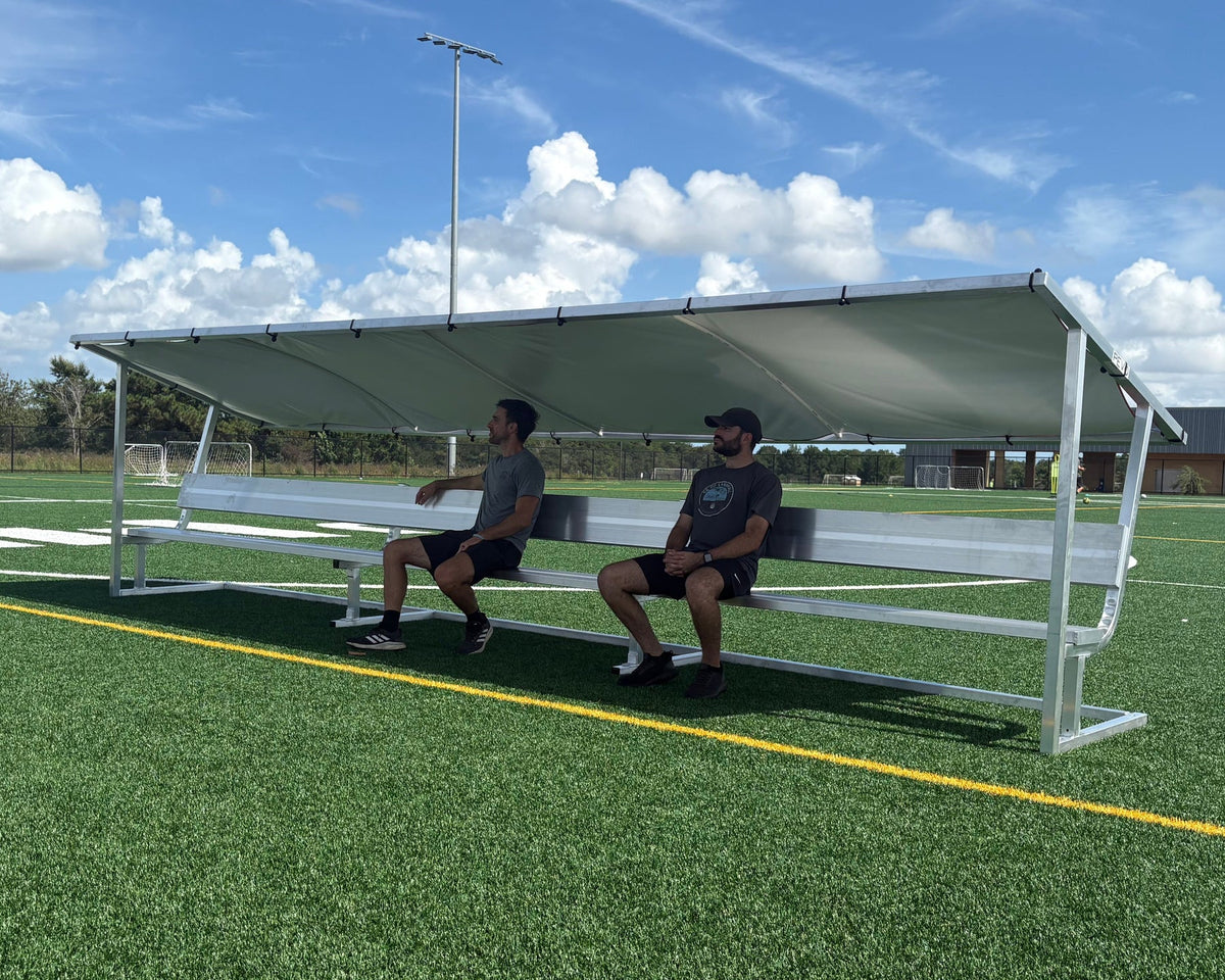 PEVO Covered Soccer Team Bench: team bench installation view professional soccer equipment