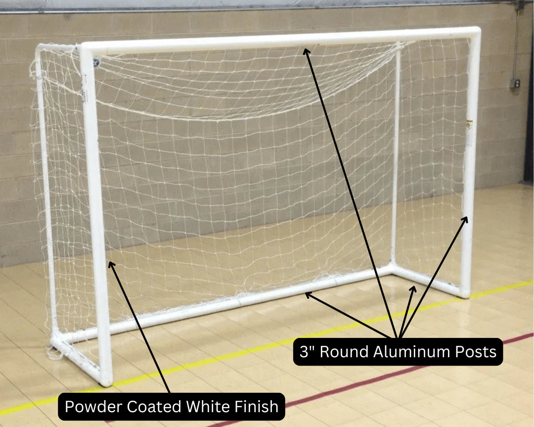 Park futsal indoor soccer goal showing rubber pads and court-protective base design