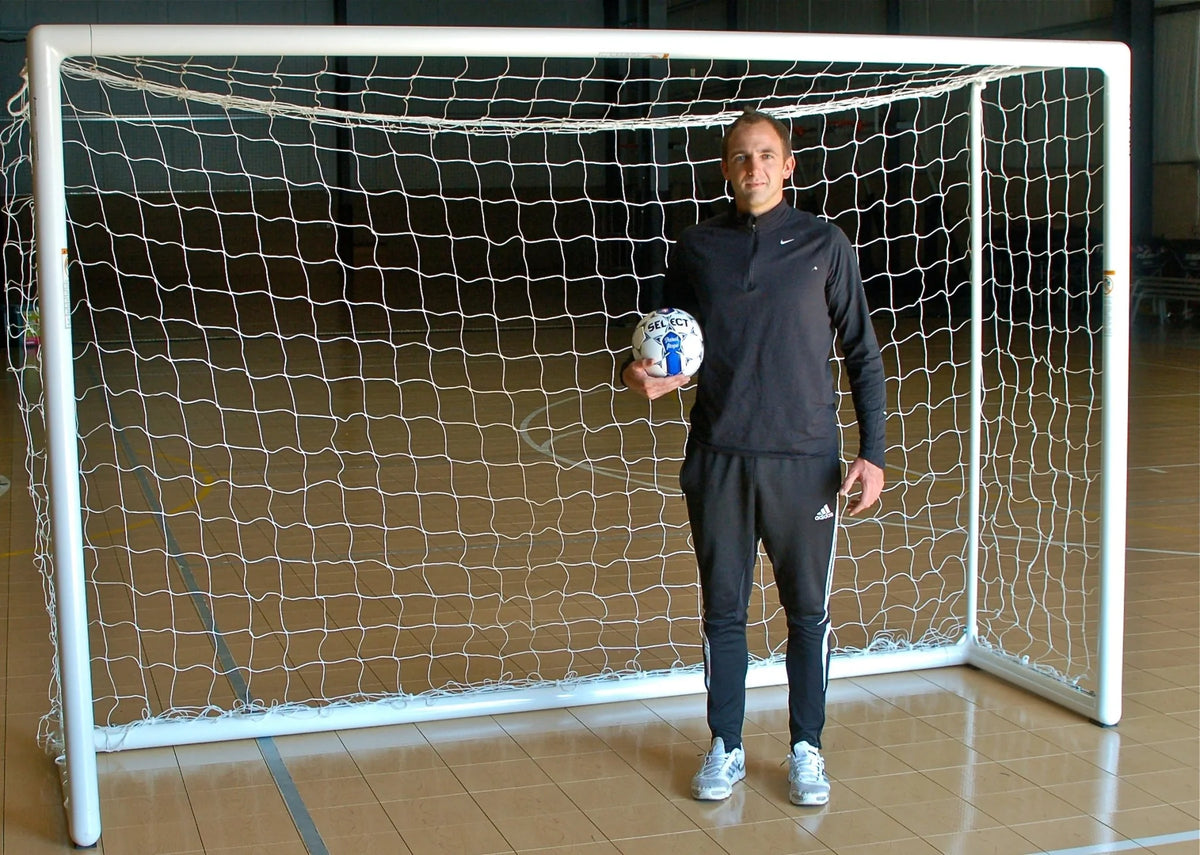 Park futsal indoor soccer goal showing frame assembly and rubber floor protection