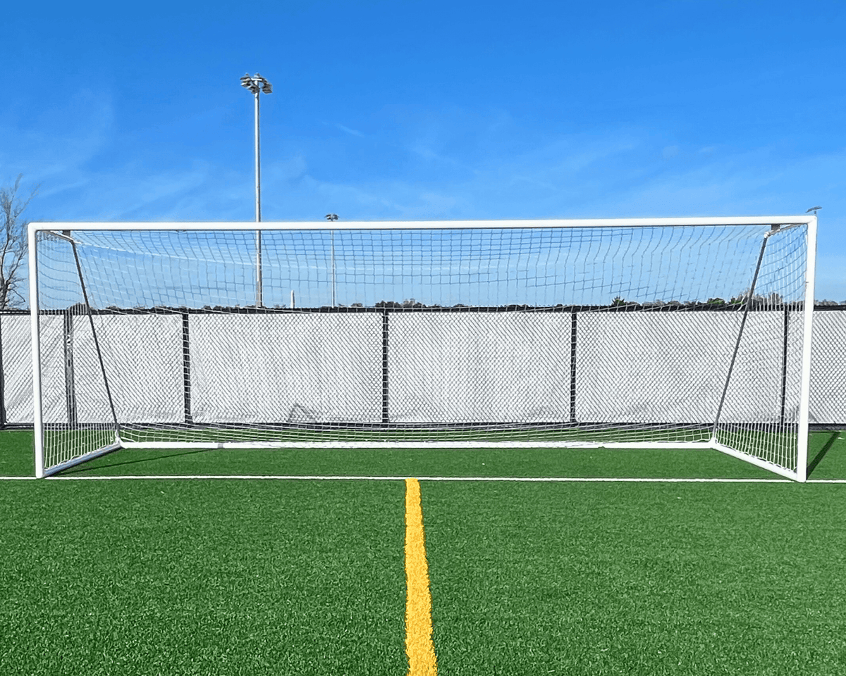 Park series full-size soccer goal 8x24 showing lightweight aluminum frame and durability