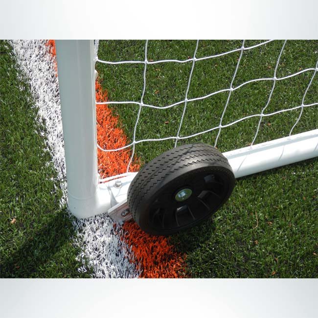 Permanent wheel kit showing dual wheels and quick-flip mounting for soccer goals