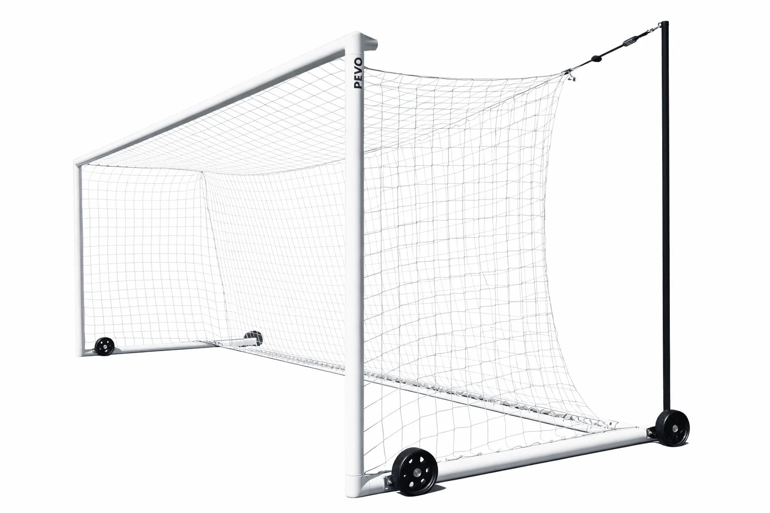 Professional PEVO Stadium Series portable soccer goal with boxed net design and flat-free wheels