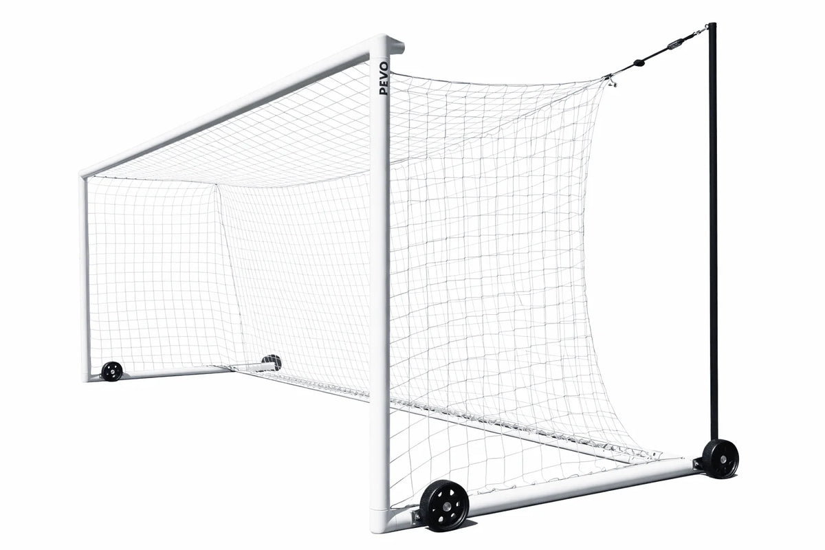 Professional PEVO Stadium Series portable soccer goal with boxed net design and flat-free wheels