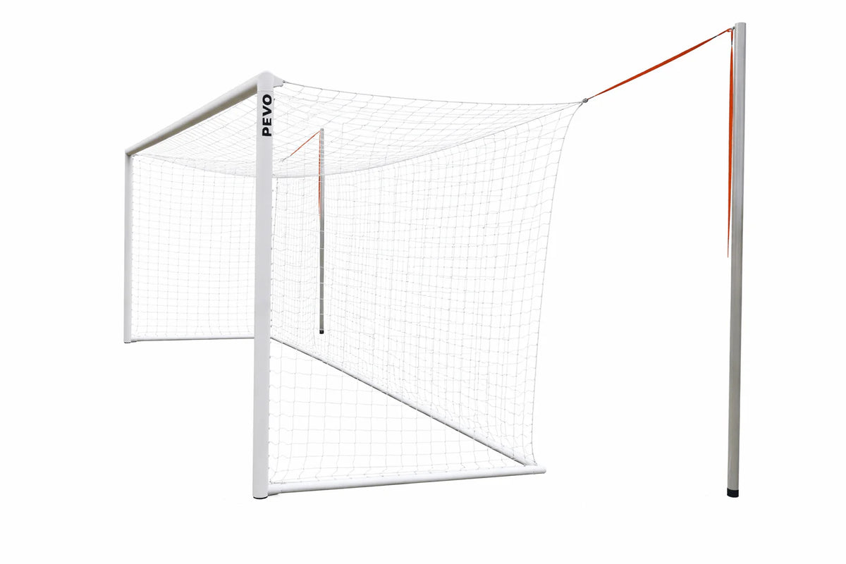 Full-size PEVO World Cup Series soccer goal with professional boxed net and deep ground stanchions
