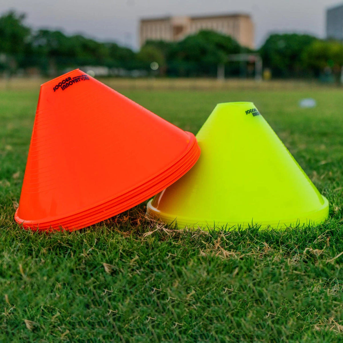 Set of 12 high-visibility 10-inch soccer training cones for field marking for team training and practice