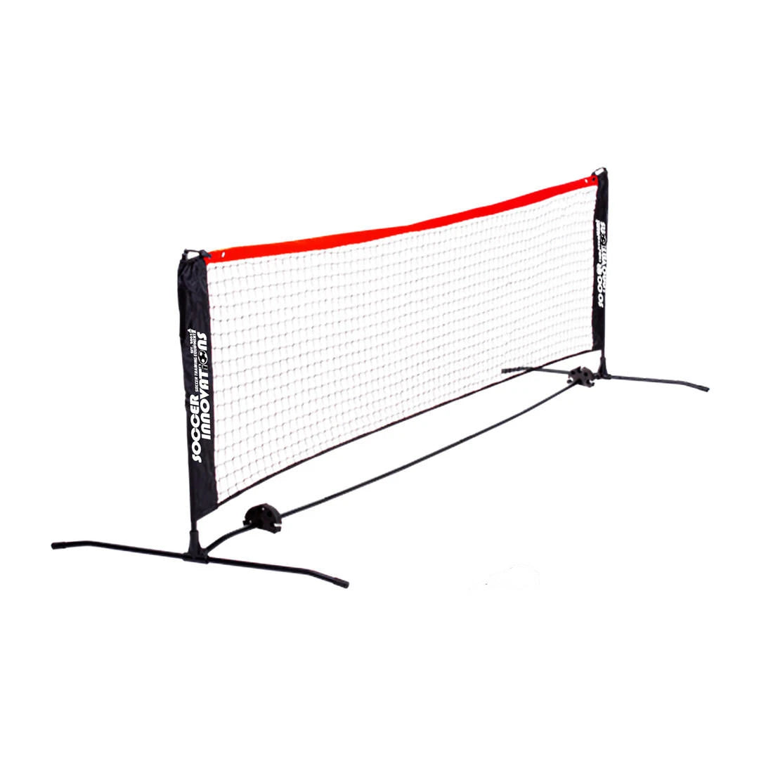 3M soccer tennis net 9-foot setup on turf showing complete frame assembly and mesh netting