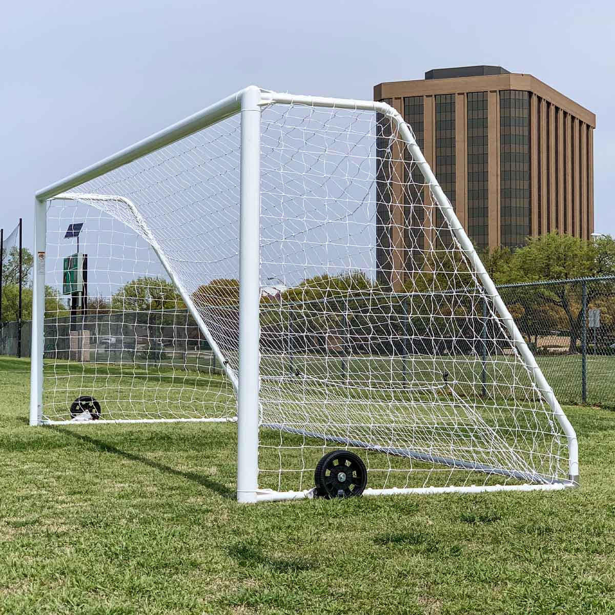 USA-made 6.5x12 Premier Pro soccer goal with aluminum tubing and channel net system