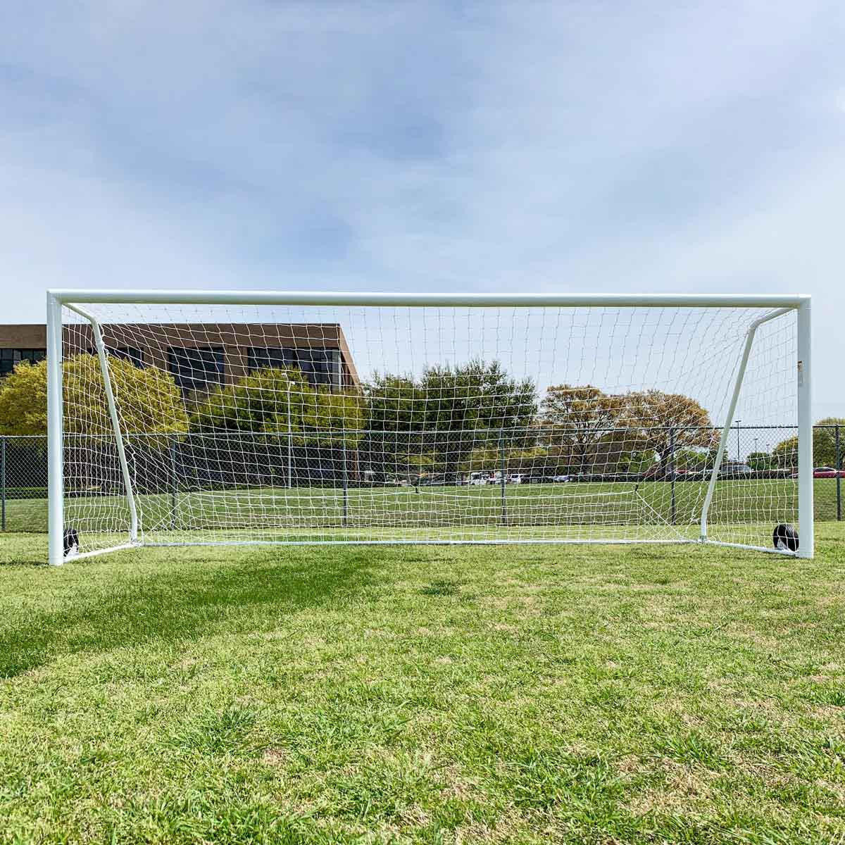 Premier Pro 6.5x12 soccer goal frame with aerospace casting joints and white powder coat