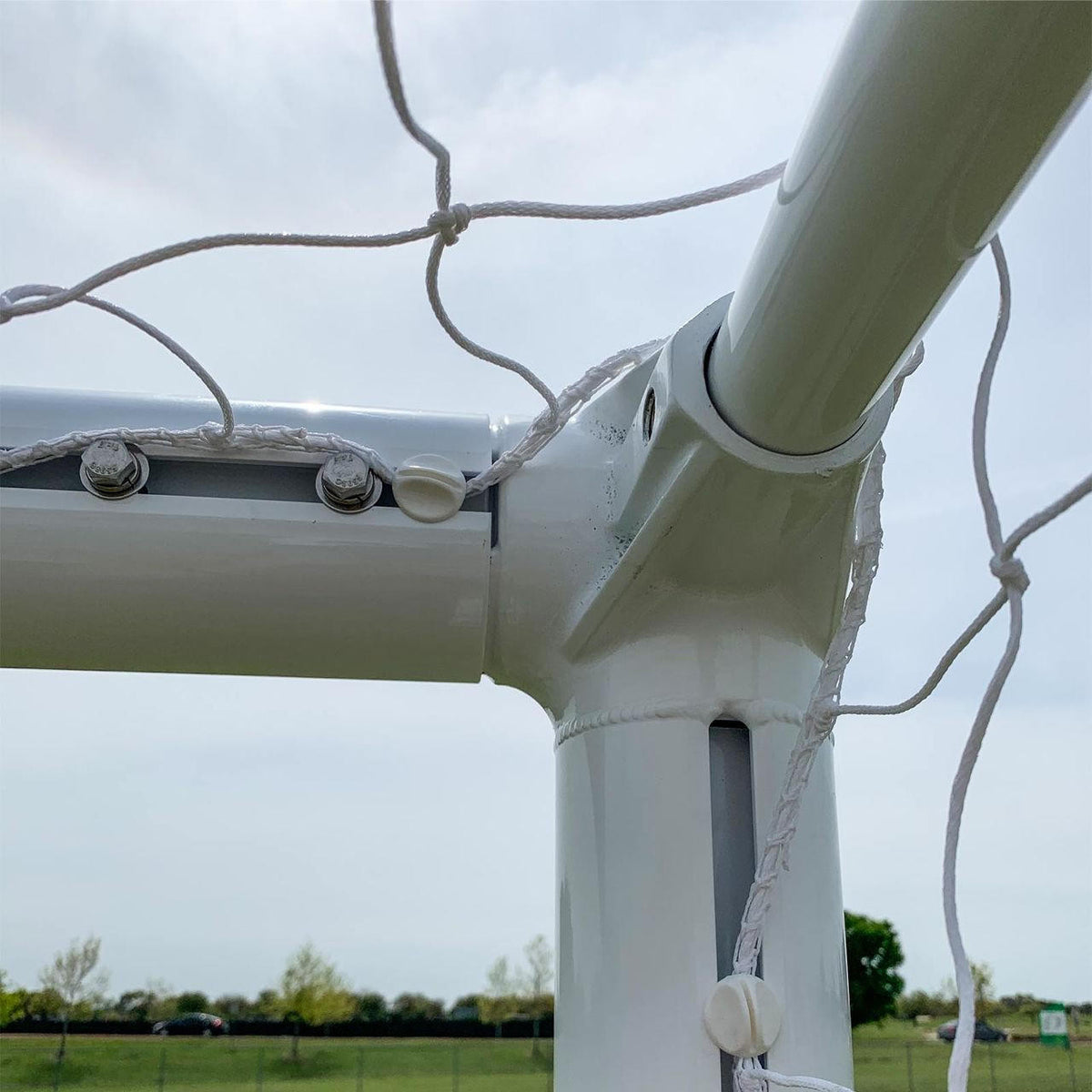 Front view of Premier Pro aluminum soccer goal with 4mm included net