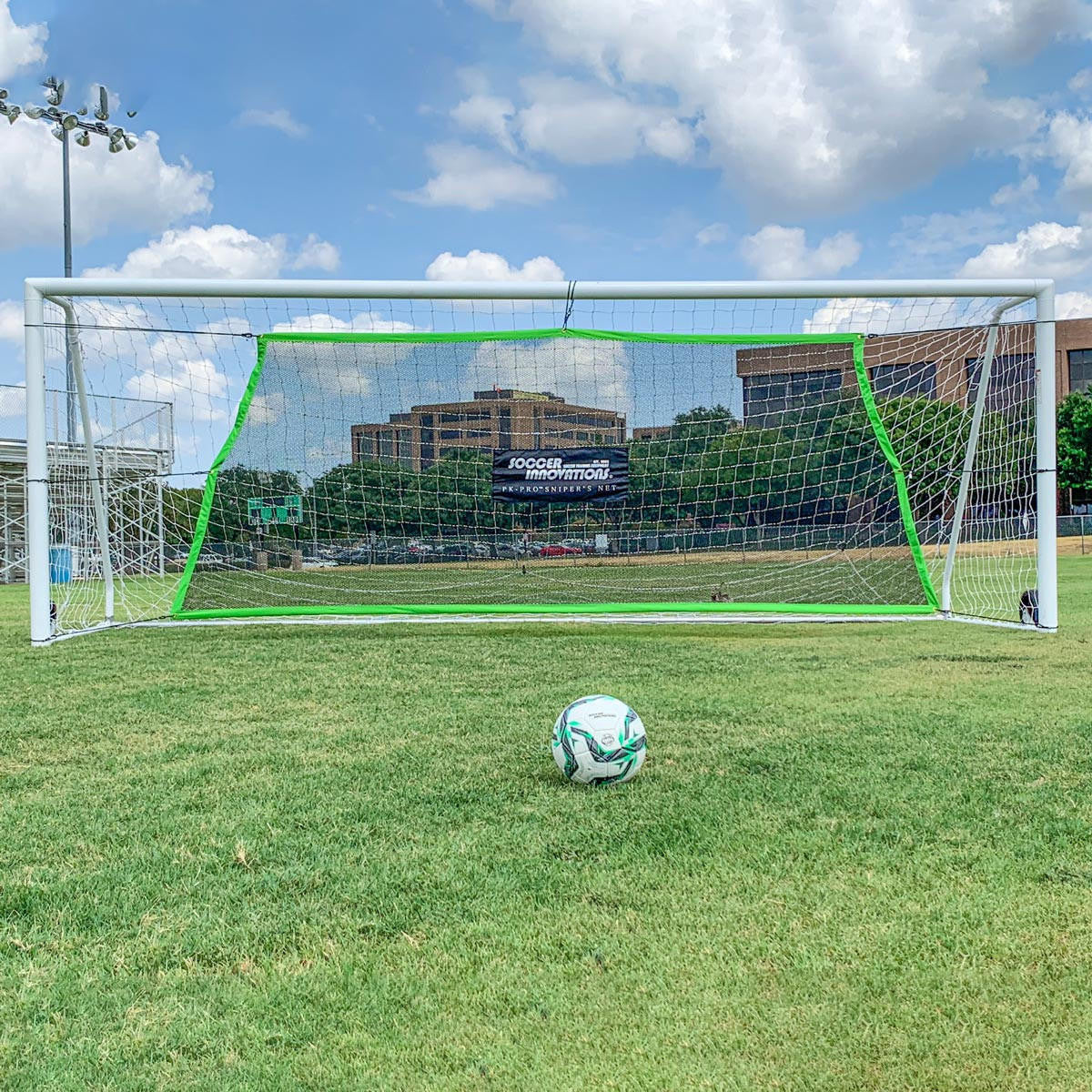 PK-Pro snipers net covering goal with six open scoring zones for precision training