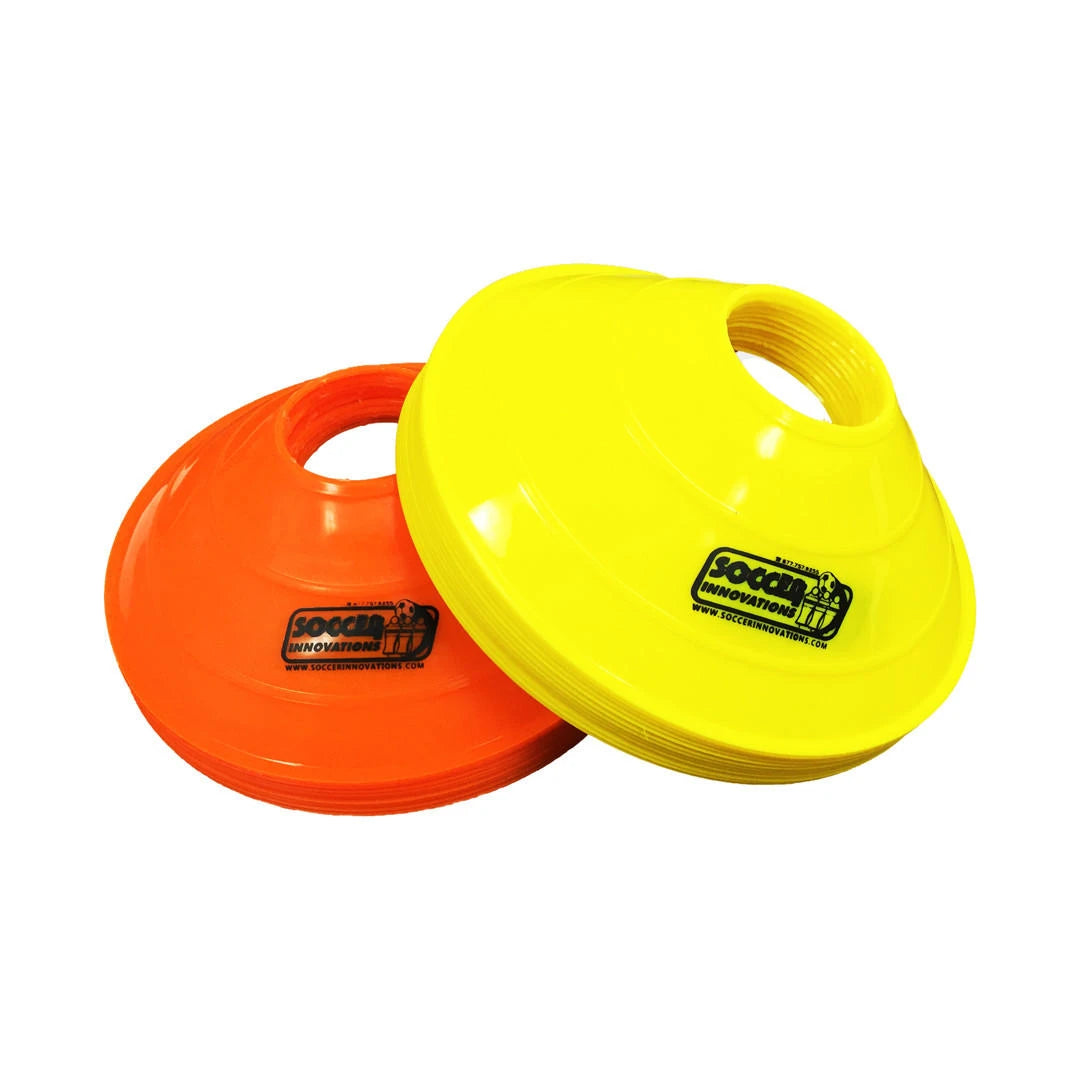 Double-thick 8-inch disc soccer training cones for durable practice drills for team training and practice