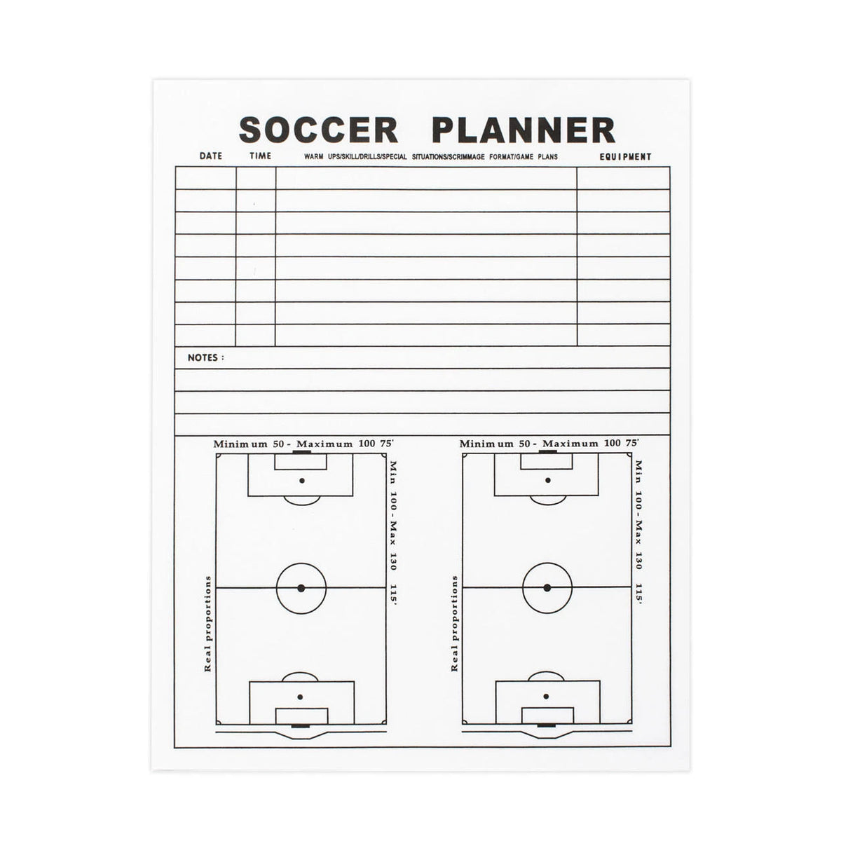 Soccer coaches tactical planning notebook with 20 pages of field diagrams for team training and practice