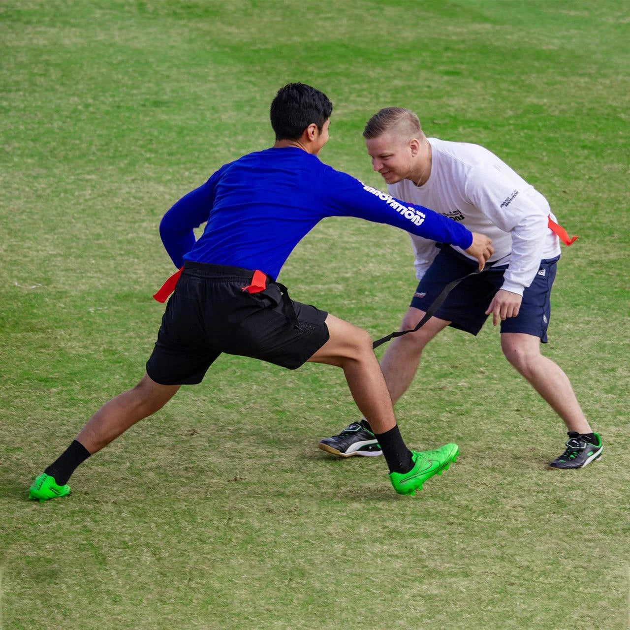Evasion belt pair for reaction time training and agility footwork development for team training and practice
