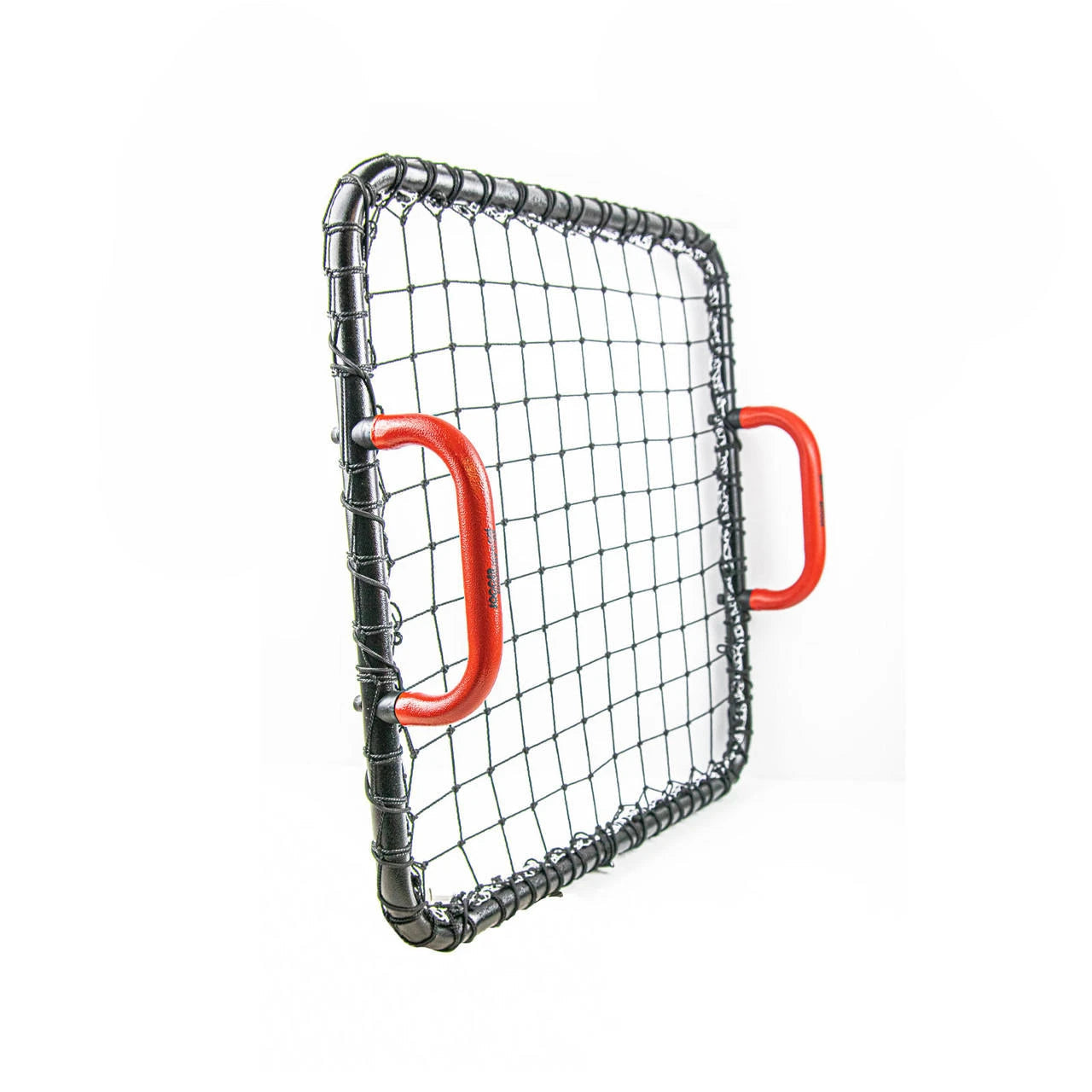 Hand-held goalkeeper rebounder with red handles and knotted twine net for reaction training
