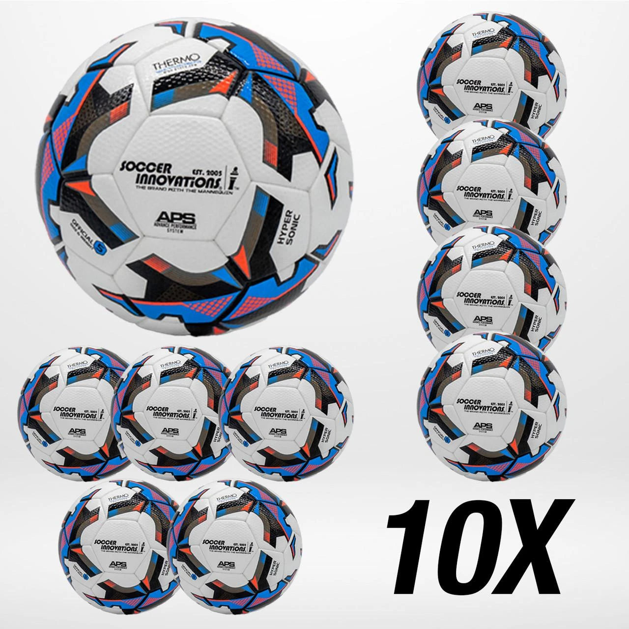 Hypersonic soccer ball 10-pack bulk set showing FIFA quality professional match ball