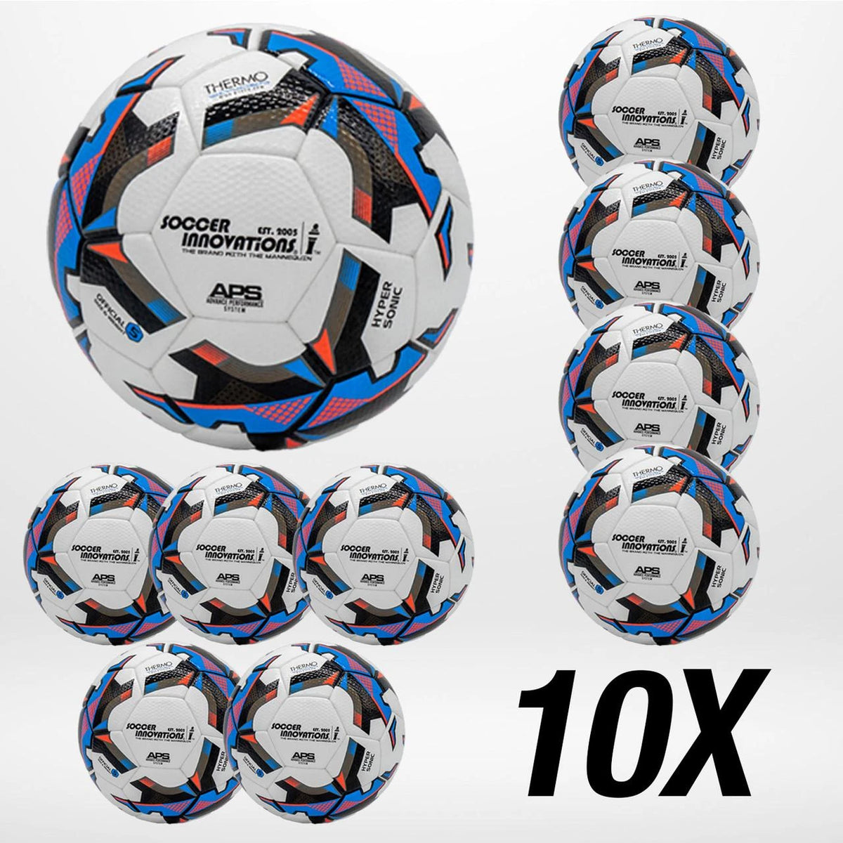 Hypersonic soccer ball 10-pack bulk set showing FIFA quality professional match ball