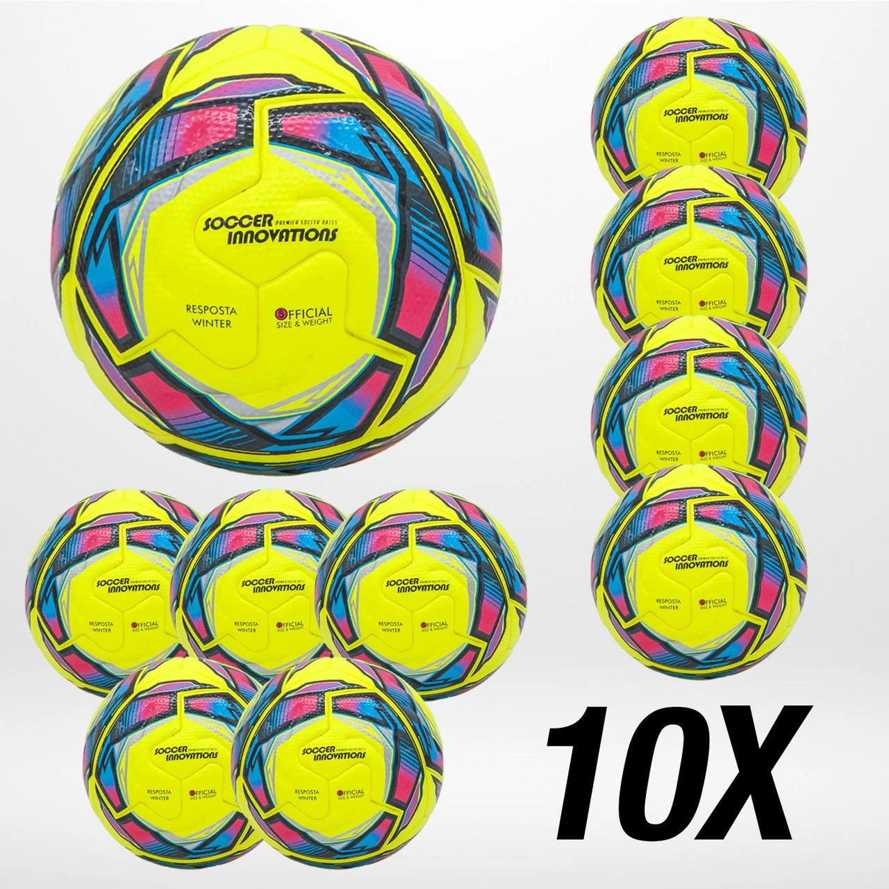 Inverter soccer ball 10-pack bulk set showing NFHS-approved match ball yellow color