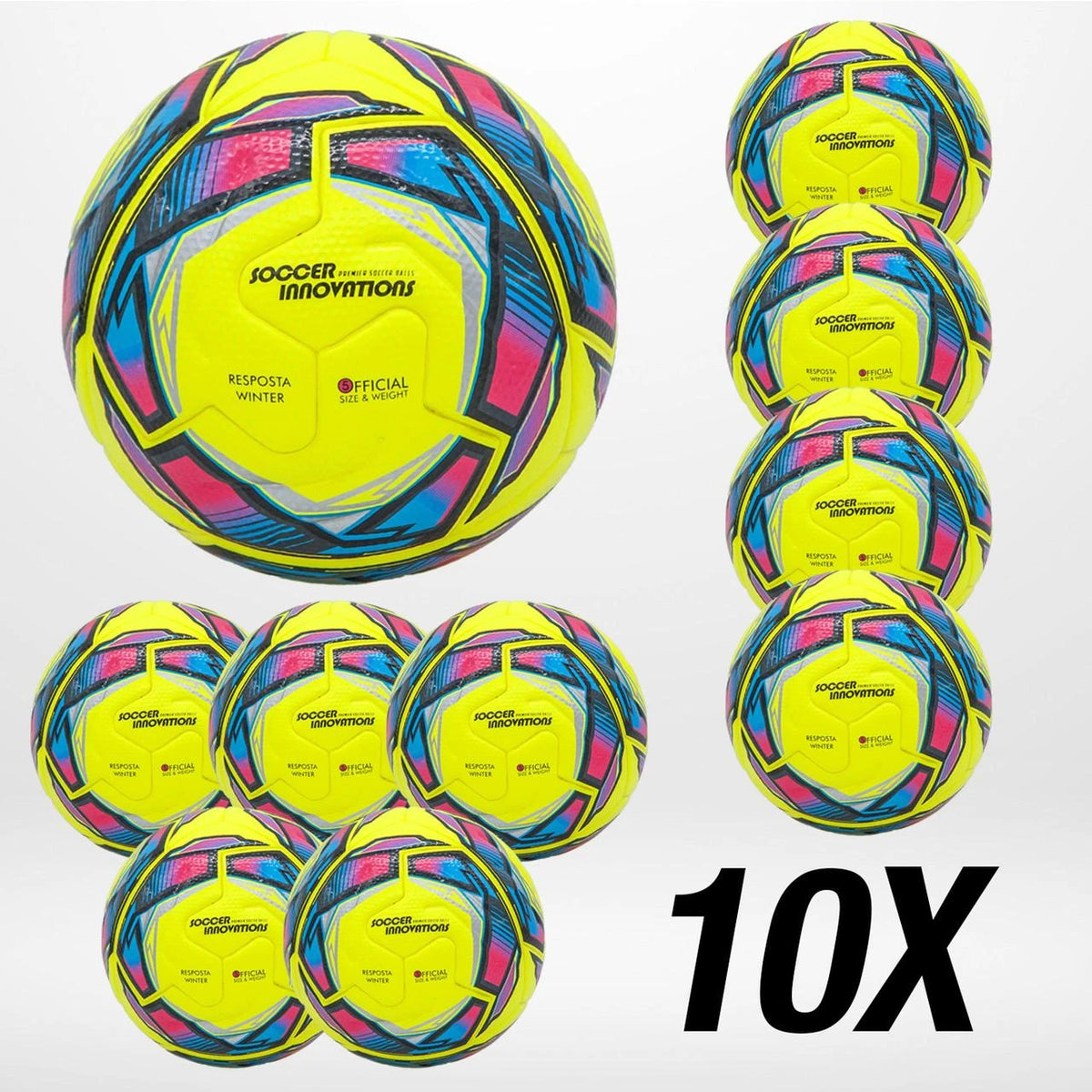 Inverter soccer ball 10-pack bulk set showing NFHS-approved match ball yellow color