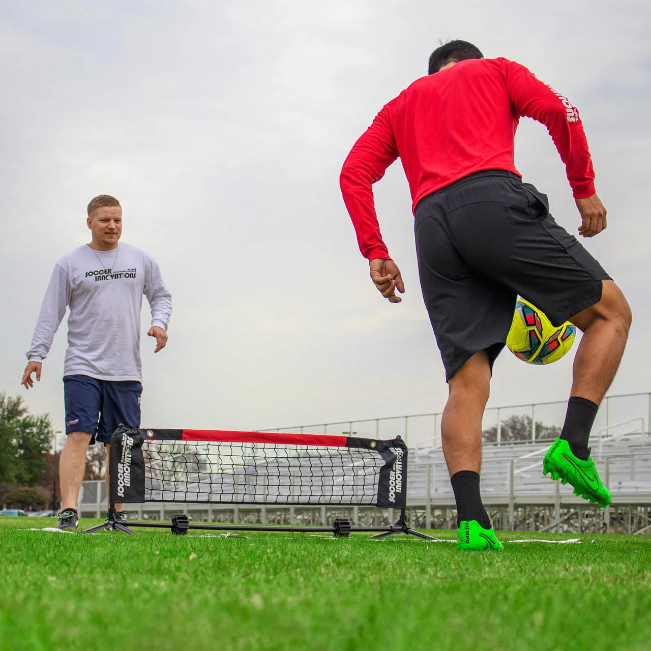 Mini soccer tennis net close-up showing frame construction and mesh netting for foot-eye coordination training