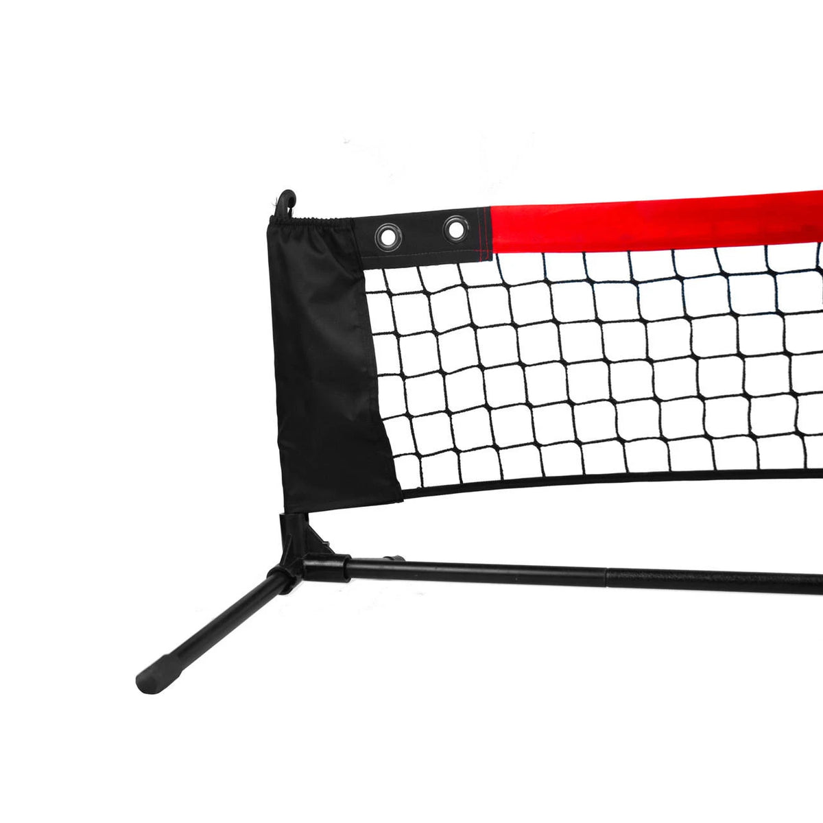 Soccer tennis net package setup showing all components including poles, net, and carrying case