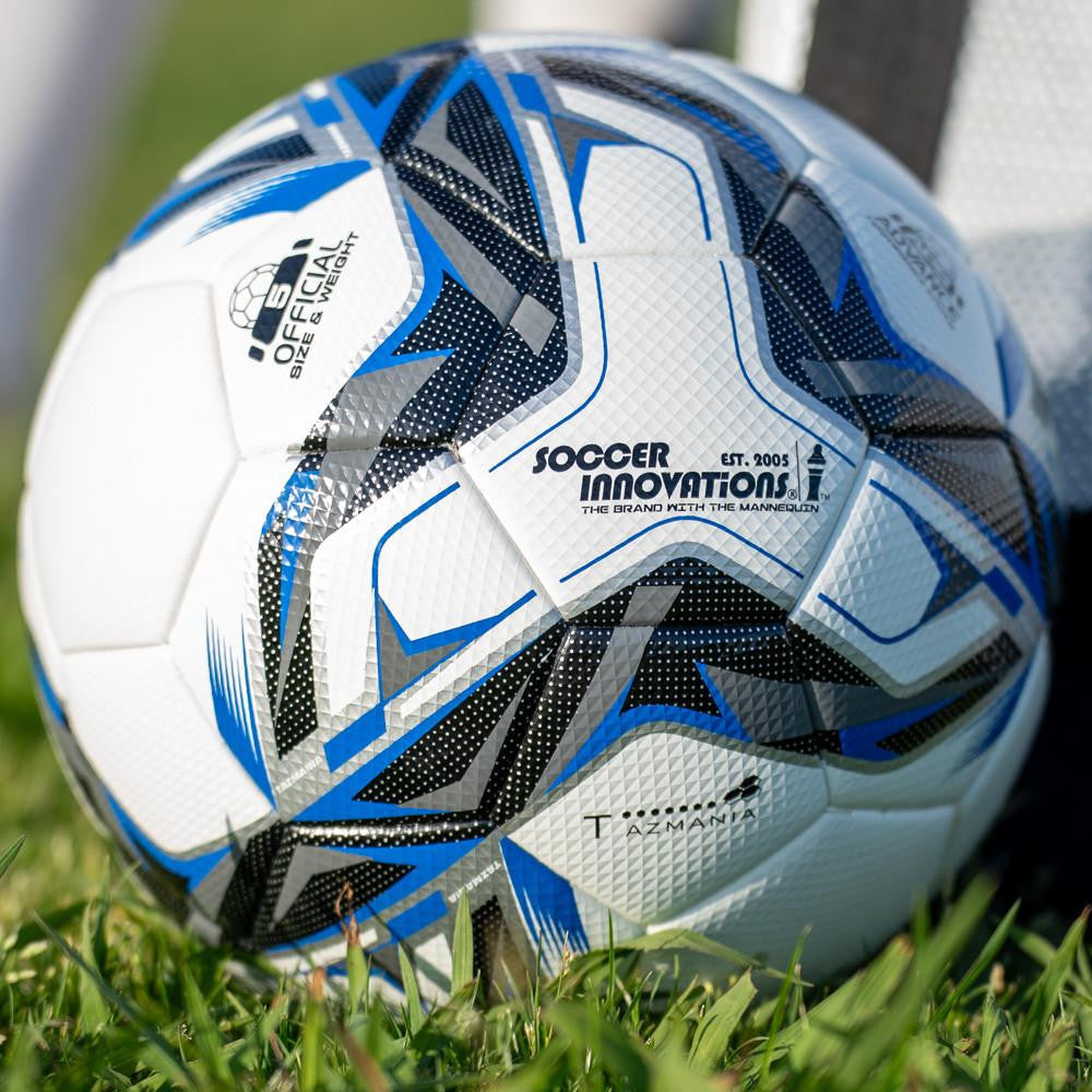 Blue FIFA Quality Pro Tazmania soccer ball with professional match performance