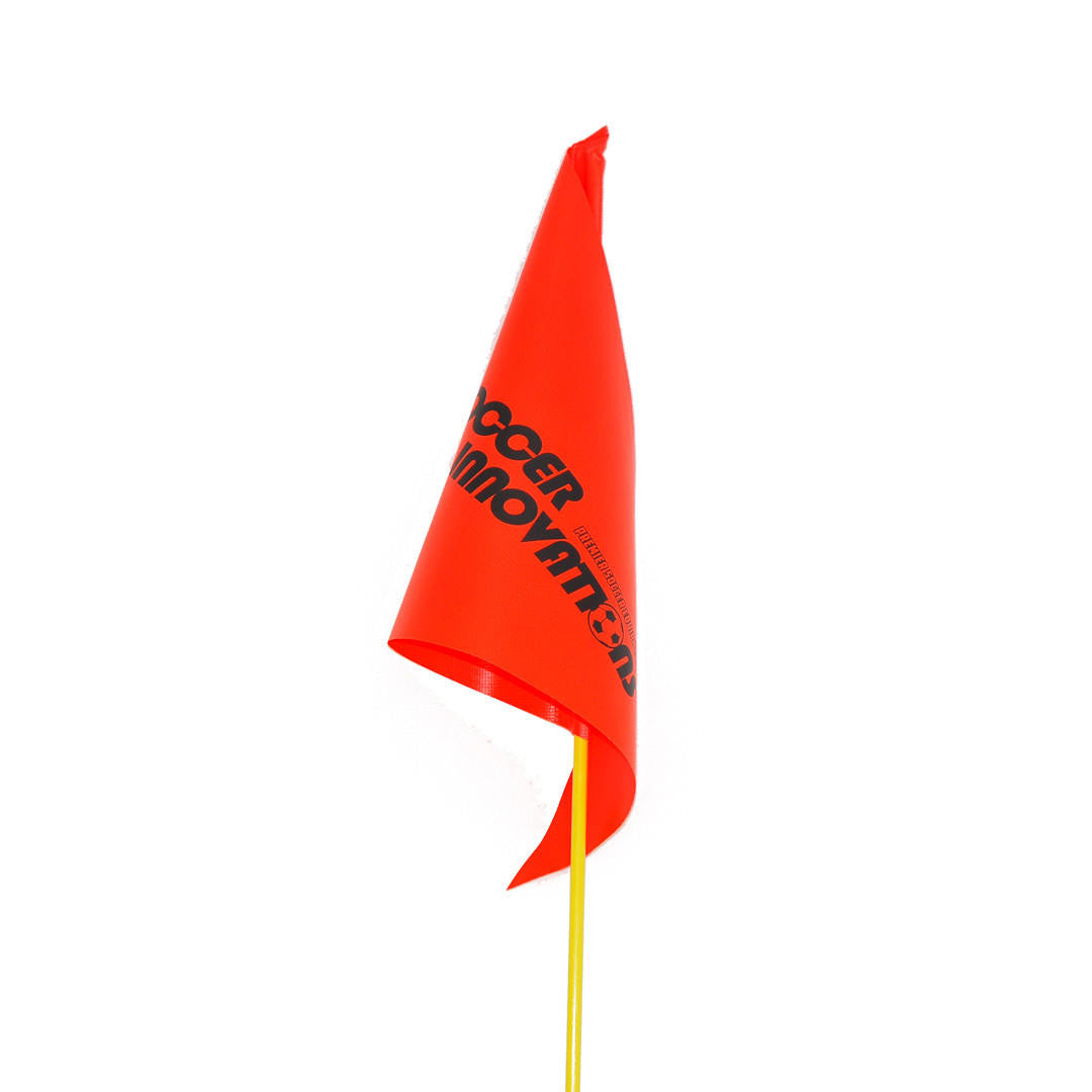 Commercial-grade orange fiberglass corner flag with bendable pole design