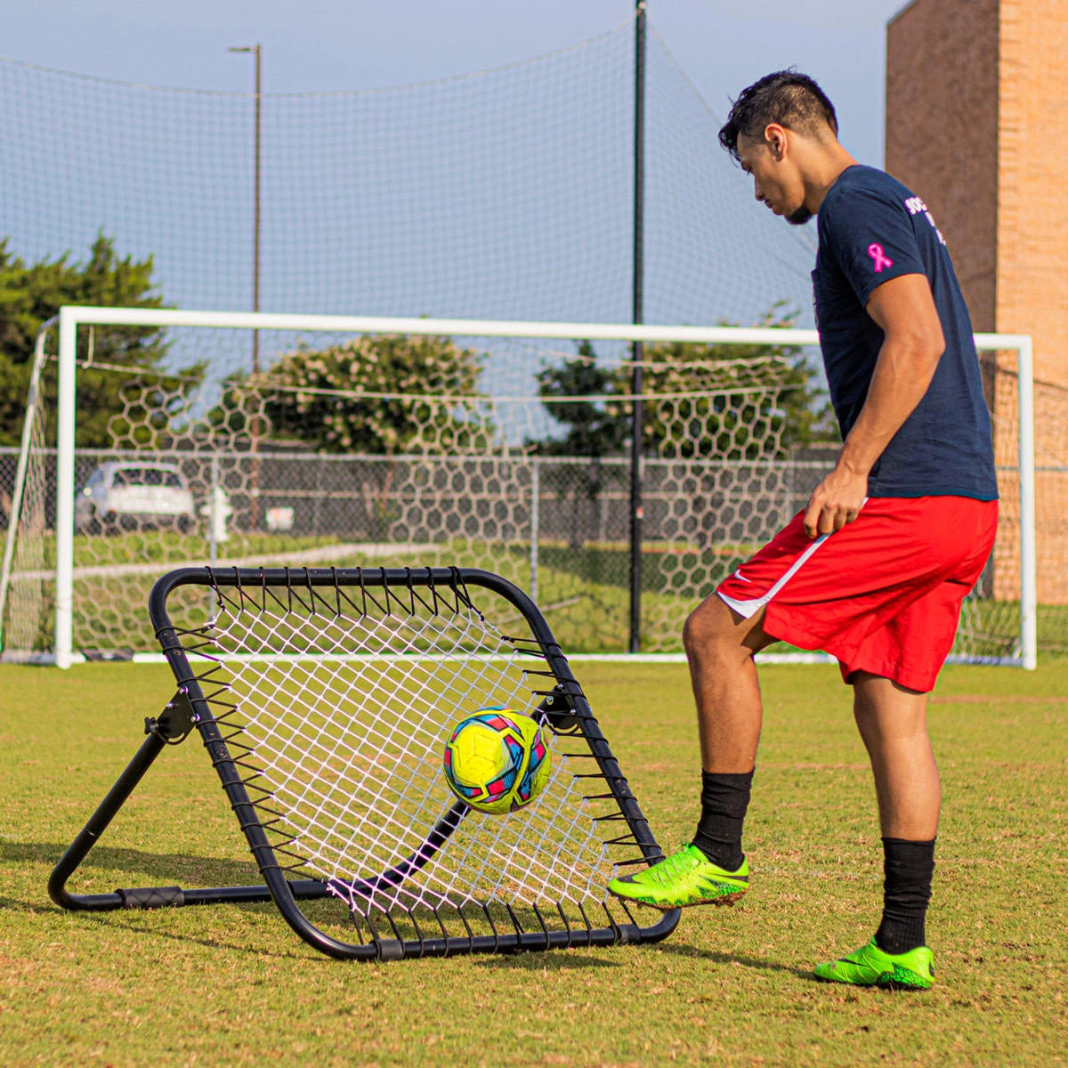 Rocket rebounder front view showing adjustable angle frame and netting for volley training