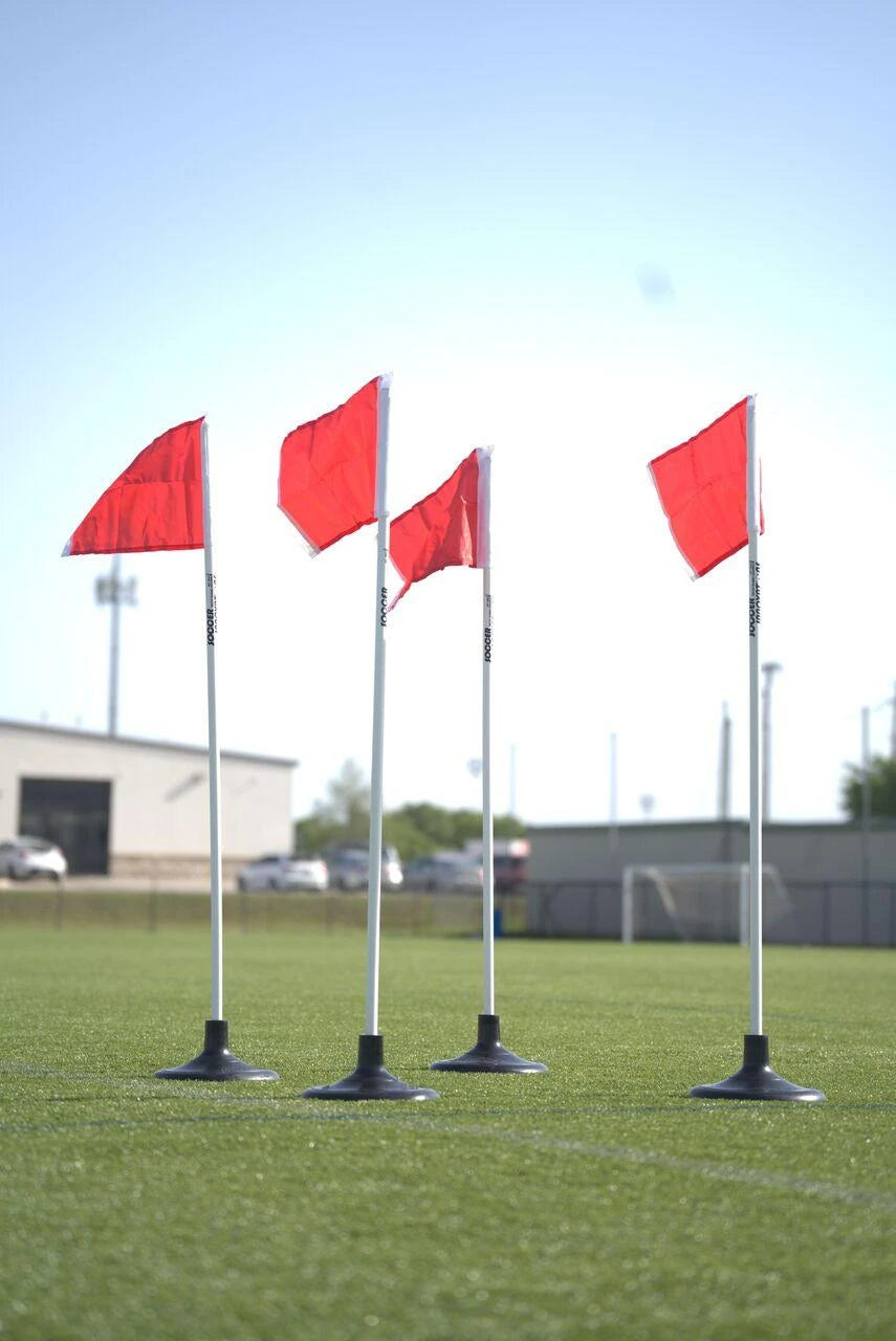 Soccer corner flag set of 4 with 25mm poles and 8-pound rubber bases, turf field ready