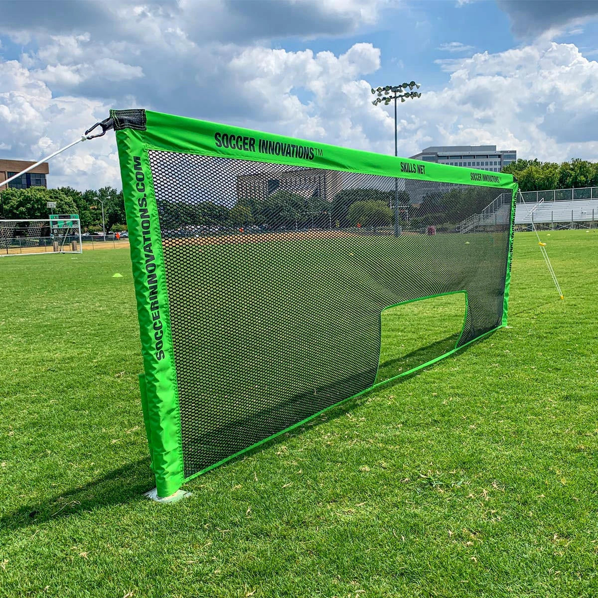 Soccer skills net training setup showing complete system with poles, net, and training configuration