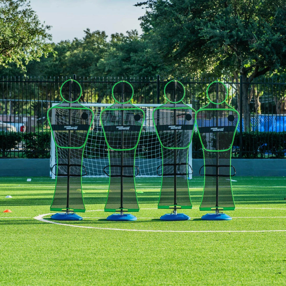 Soccer wall training mannequin with wind-resistant mesh body and telescoping pole