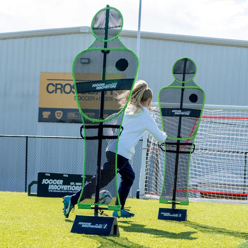 Youth-sized soccer wall training mannequin in black with spring-loaded base for team training and practice