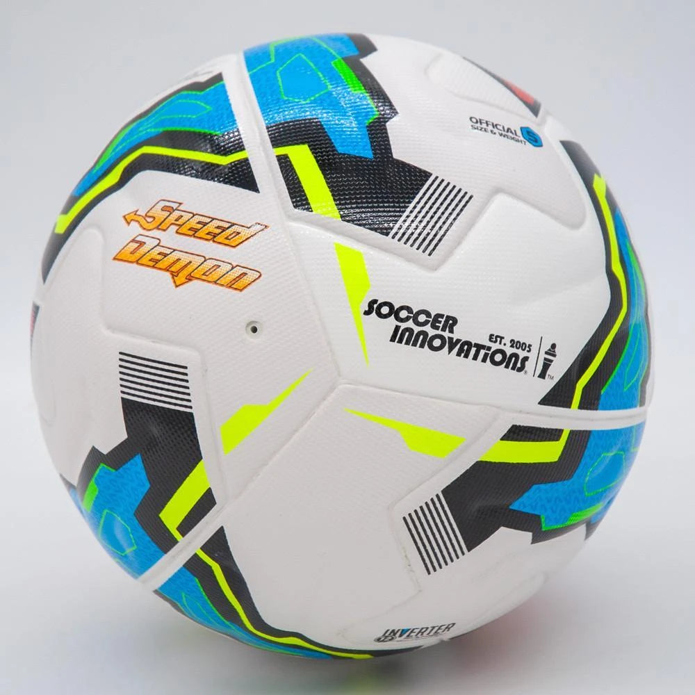 Speed Demon training soccer ball showing custom embossed panel design and waterproof seal