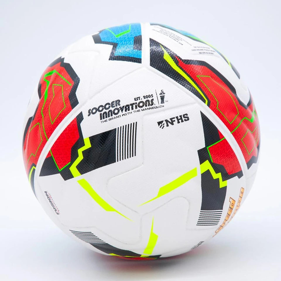 Speed Demon soccer ball showing thermally bonded 12-panel design and performance features