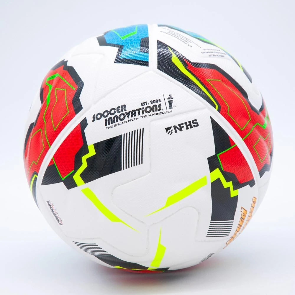 Speed Demon NFHS soccer ball showing complete 12-panel design and waterproof construction