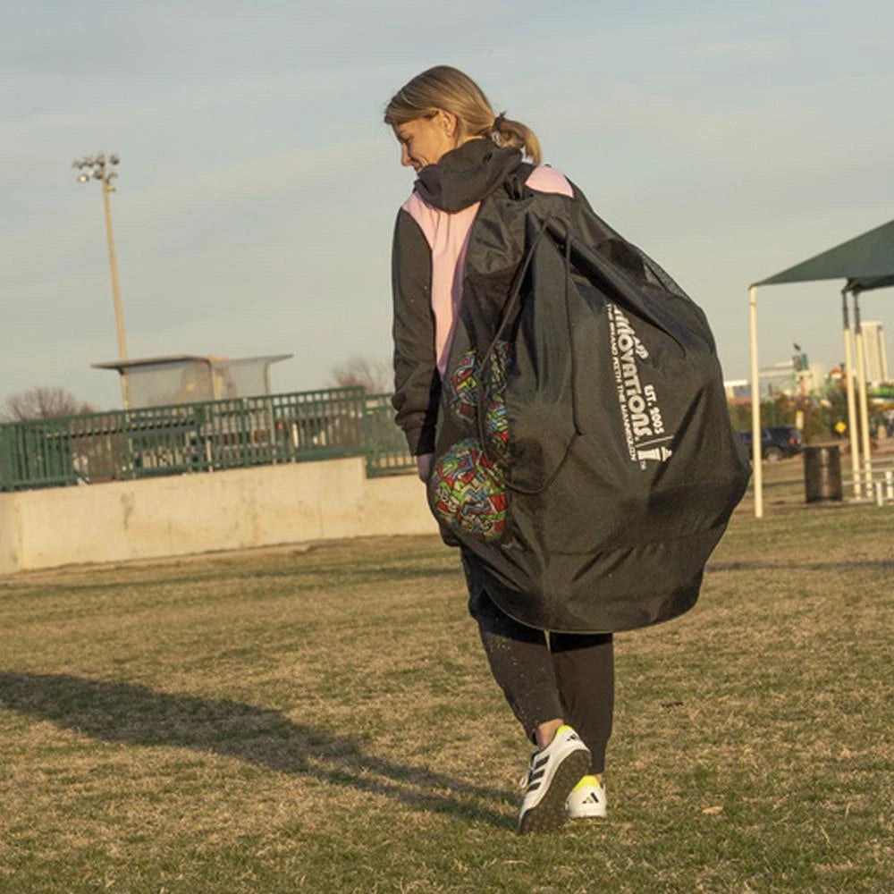 Zeus backpack ball bag filled with soccer balls showing capacity and reinforced mesh construction