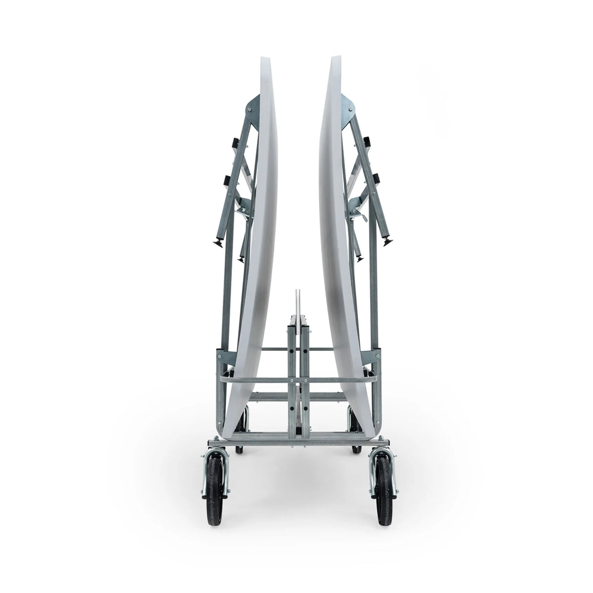 Teqball Lite training table showing curved surface and lockable mobile wheels