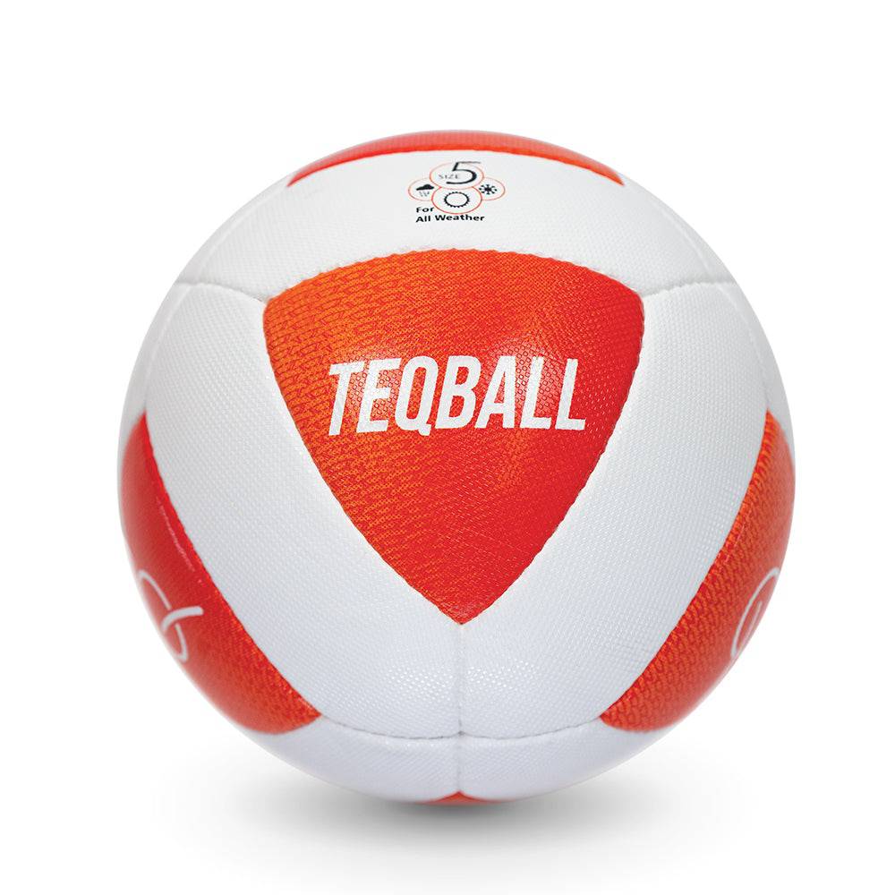 Teqball official ball showing white design with control and bounce characteristics