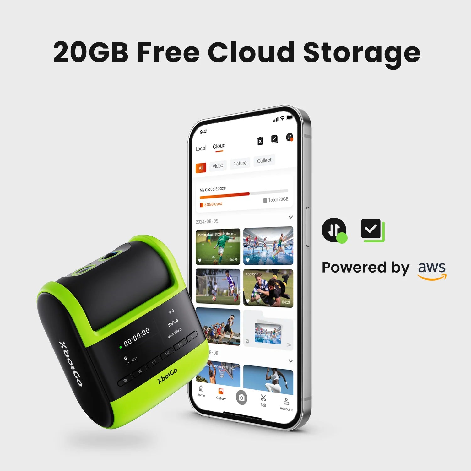 XbotGo Falcon 4K AI sports tracking camera lifetime free cloud storage sports video recording